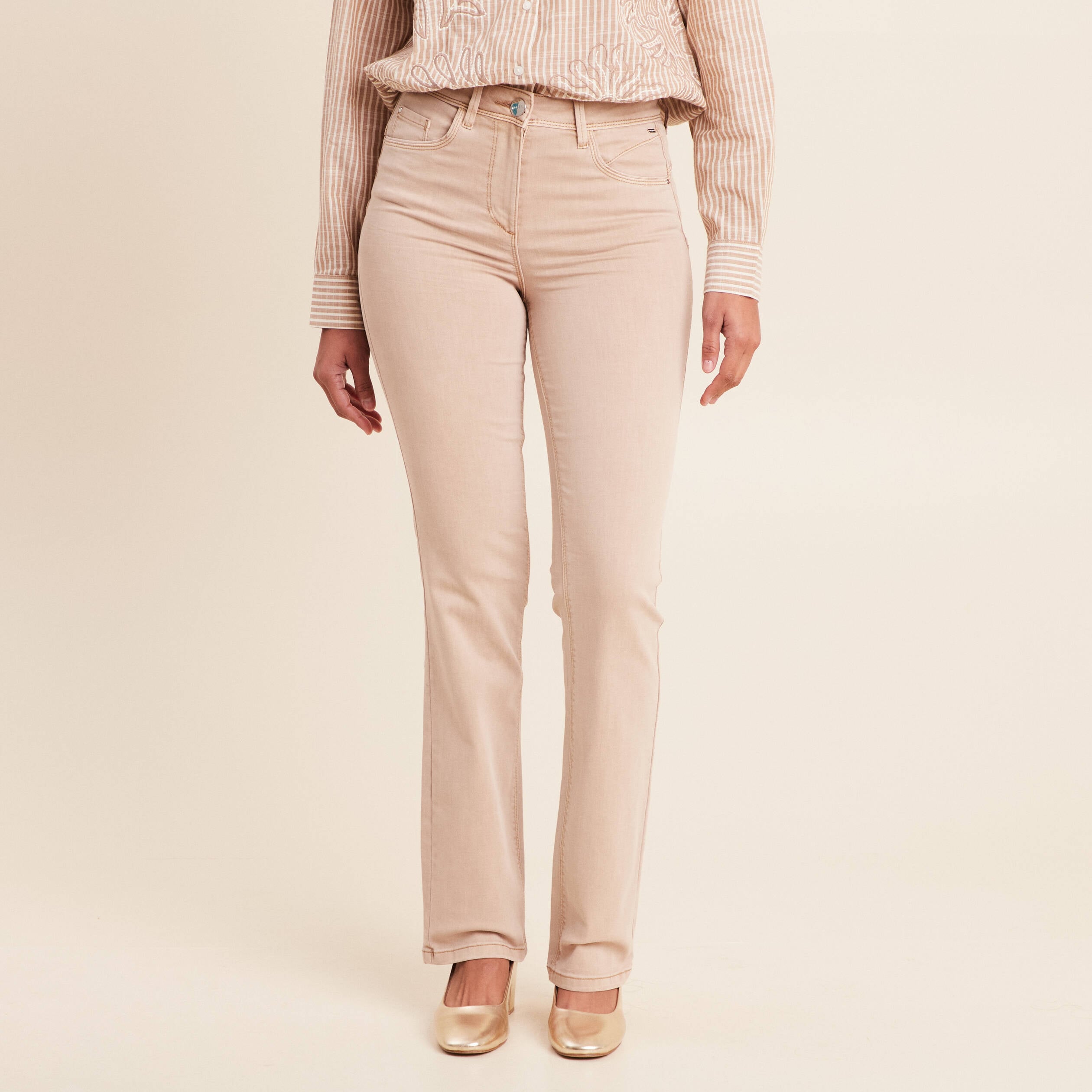 Jean coupe droite taille haute denim beige femme