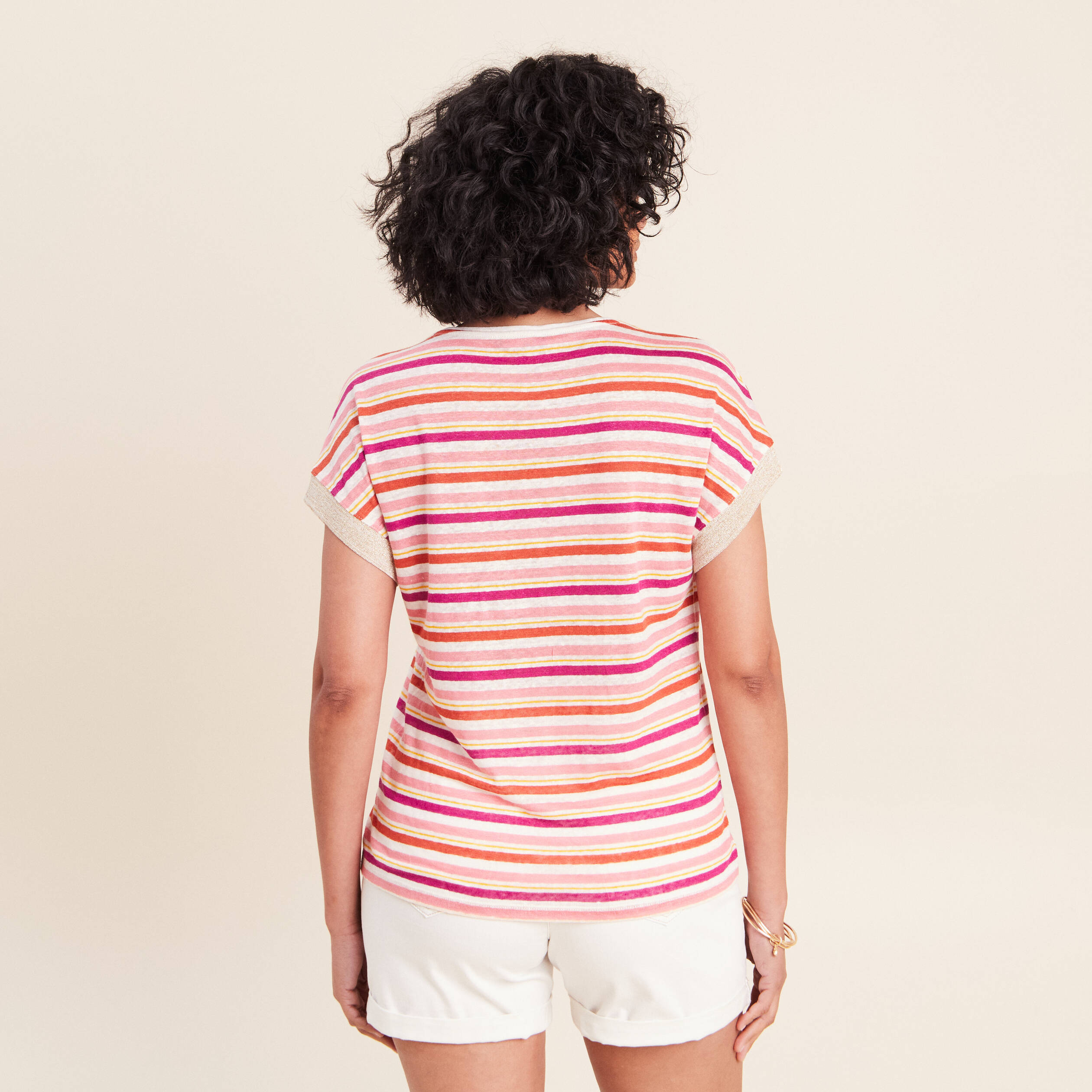T-shirt droit col v manches courtes orange femme