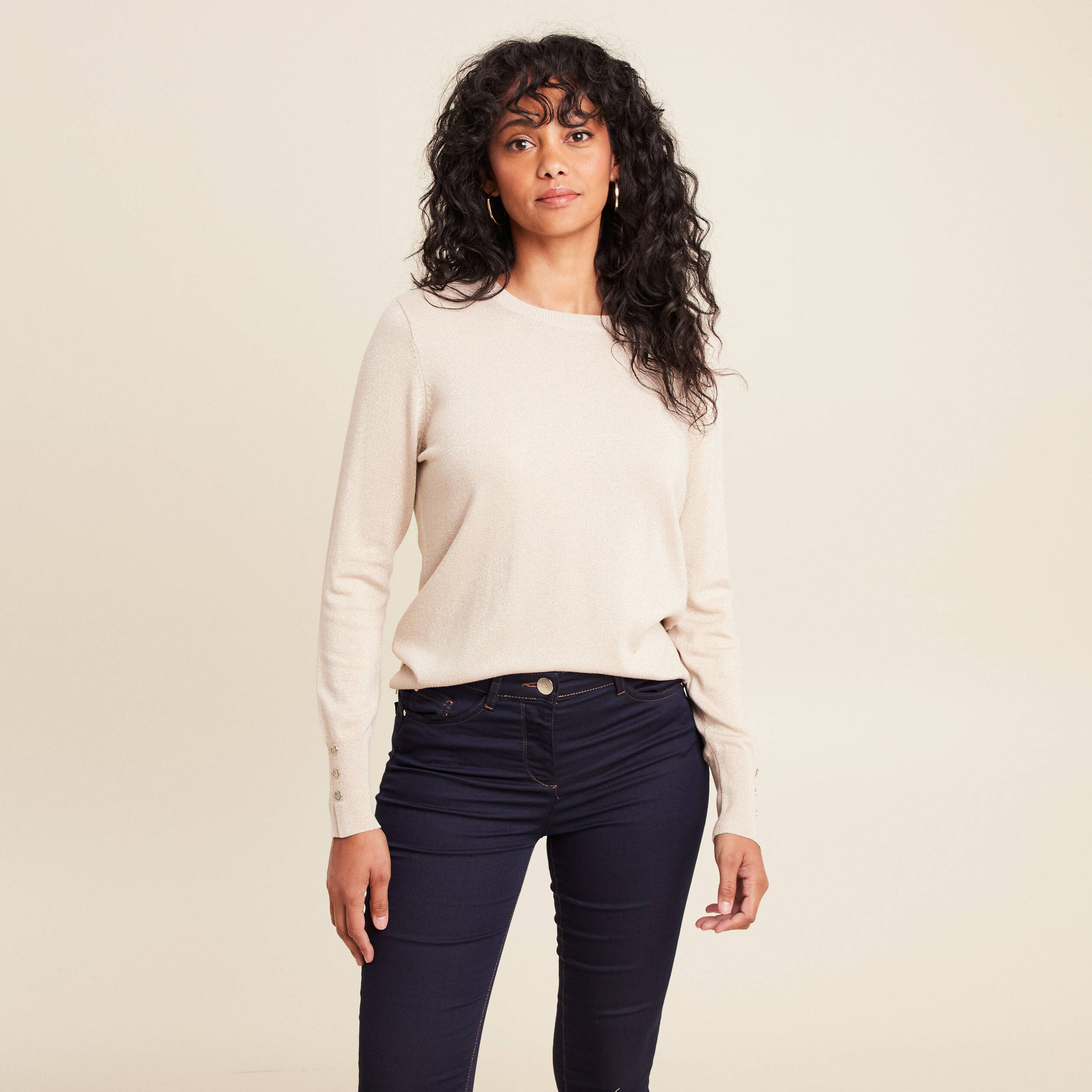 Pull col rond bas resserré couleur or femme