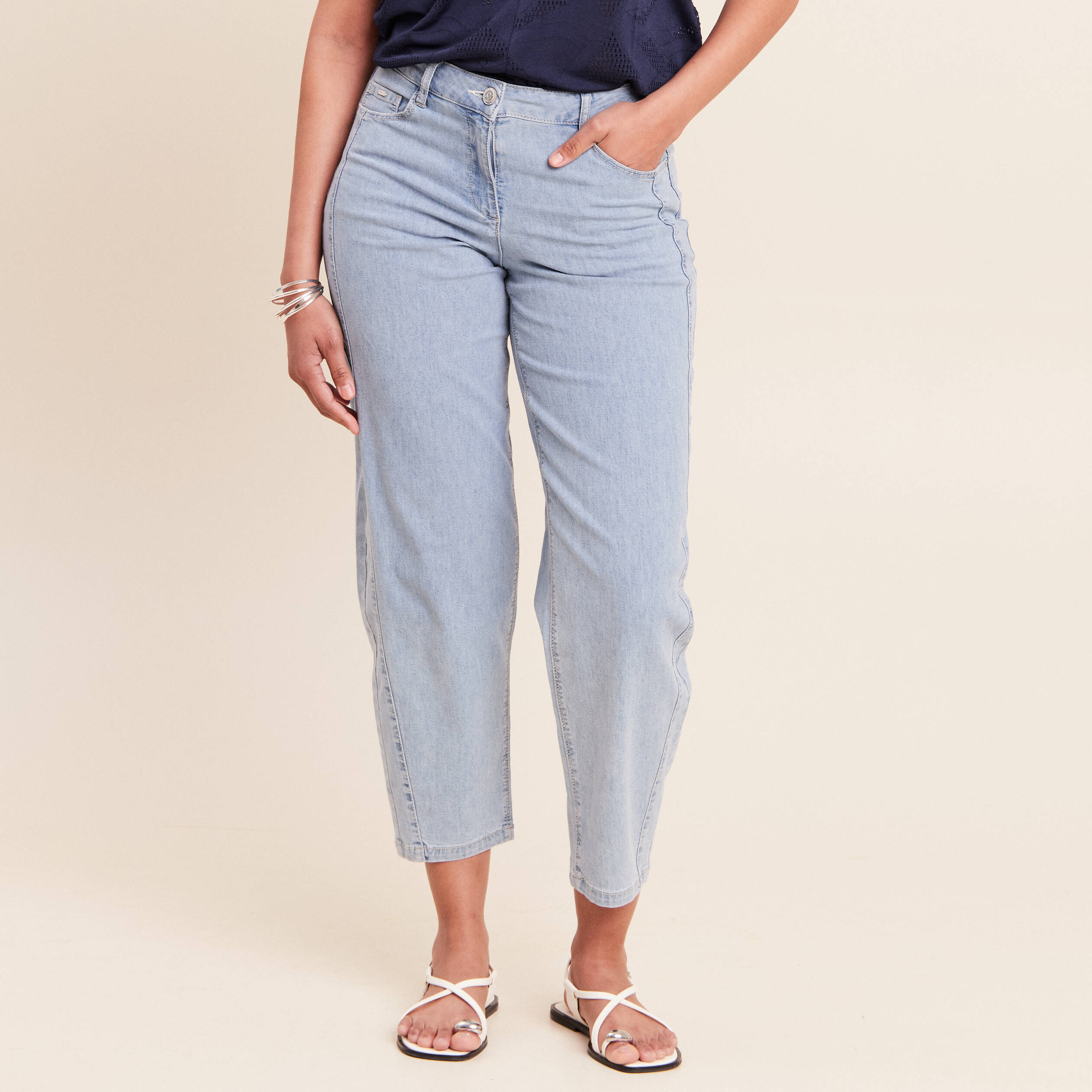 Jean coupe barrel 7/8&egrave;me denim bleach femme
