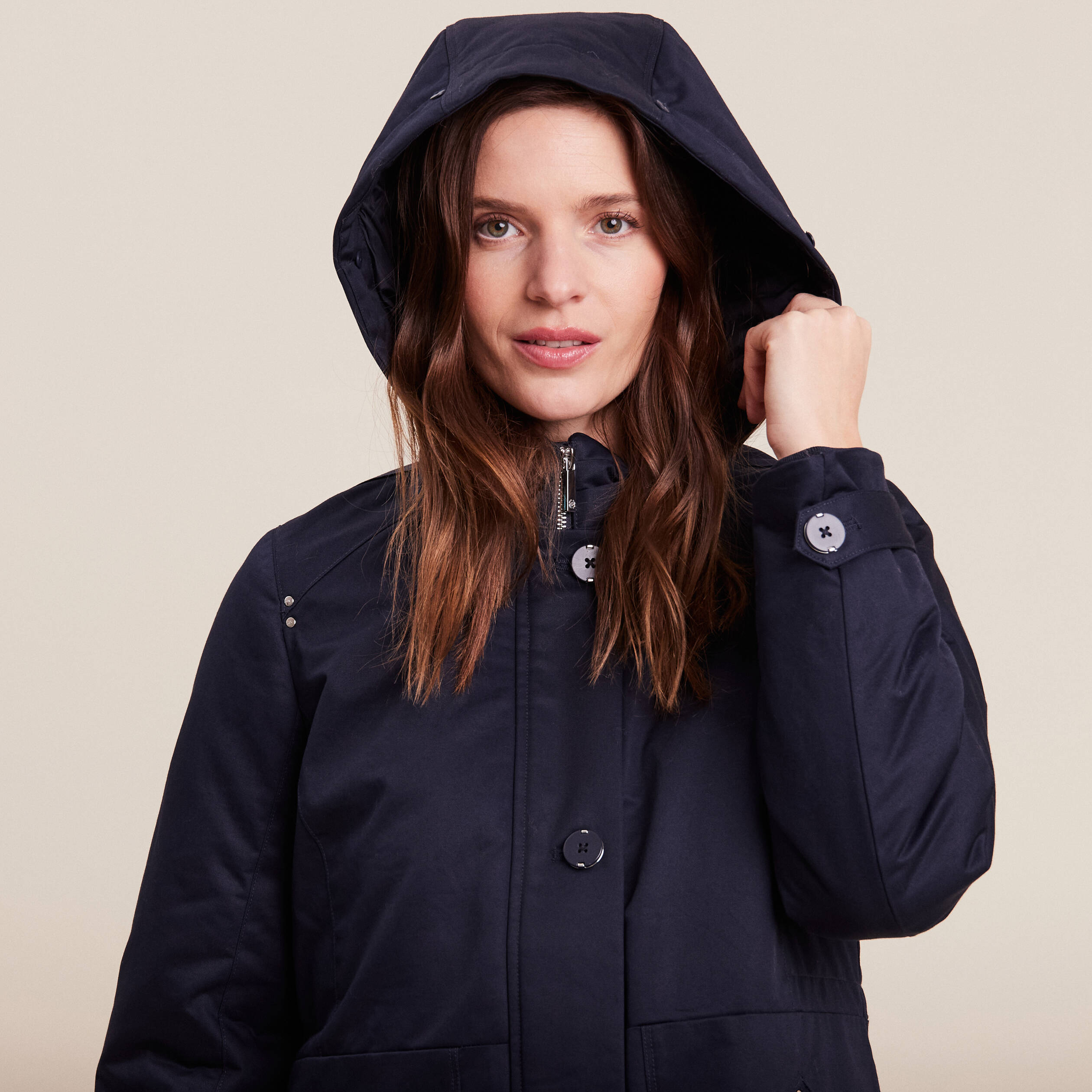 Parka cintree capuche fourrure bleu fonce femme Breal