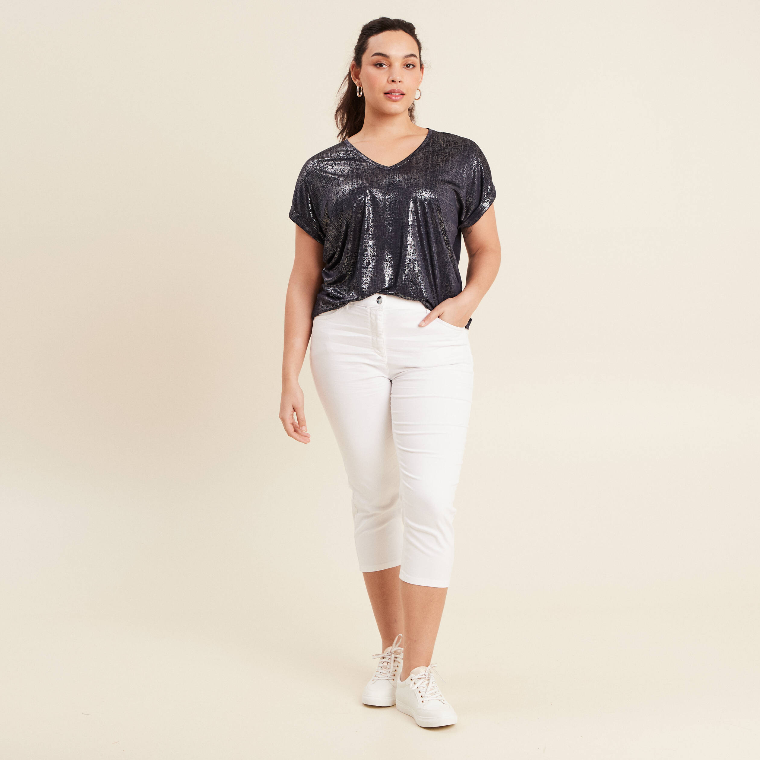 Pantacourt droit taille standard blanc femme