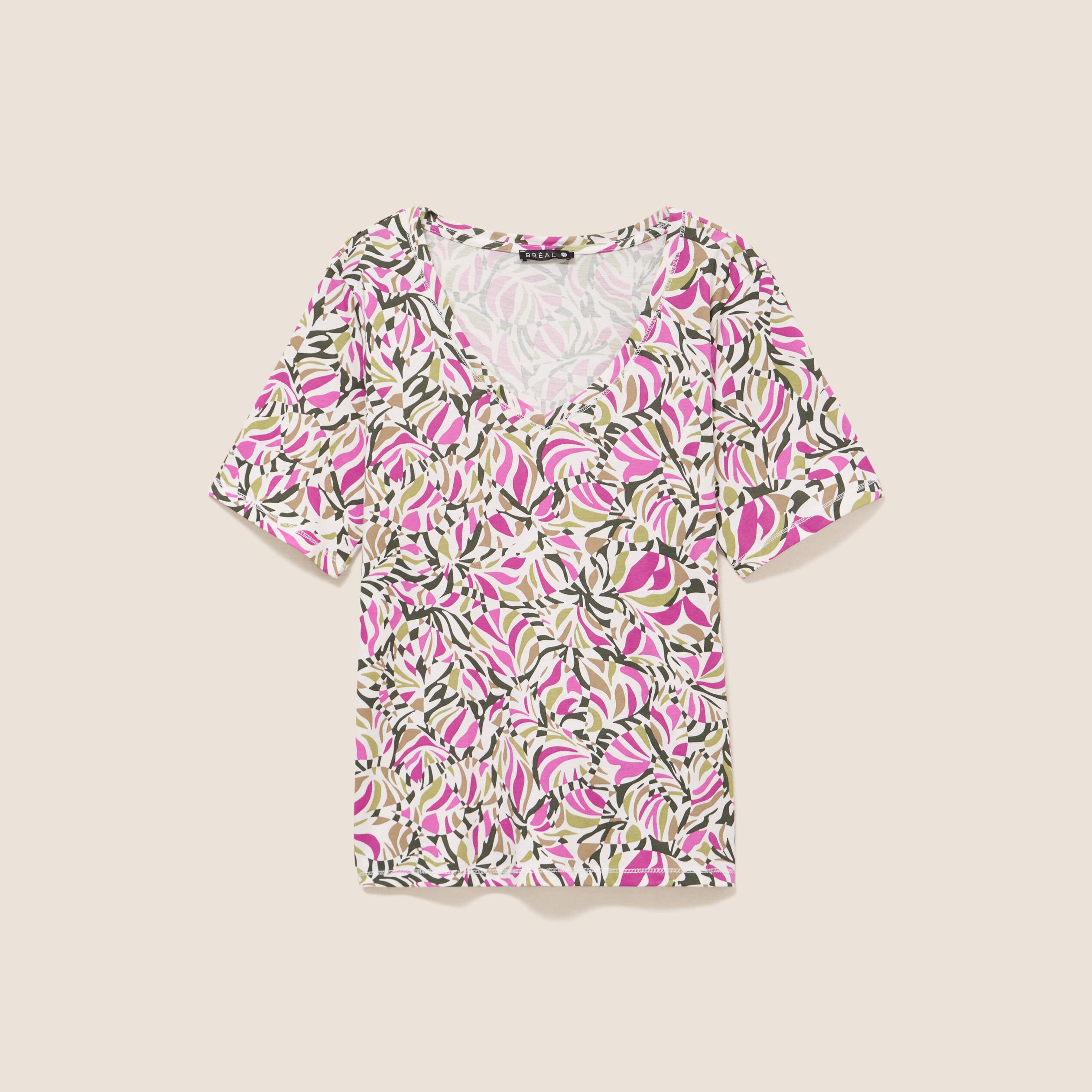 T-shirt col V manches courtes vert kaki femme