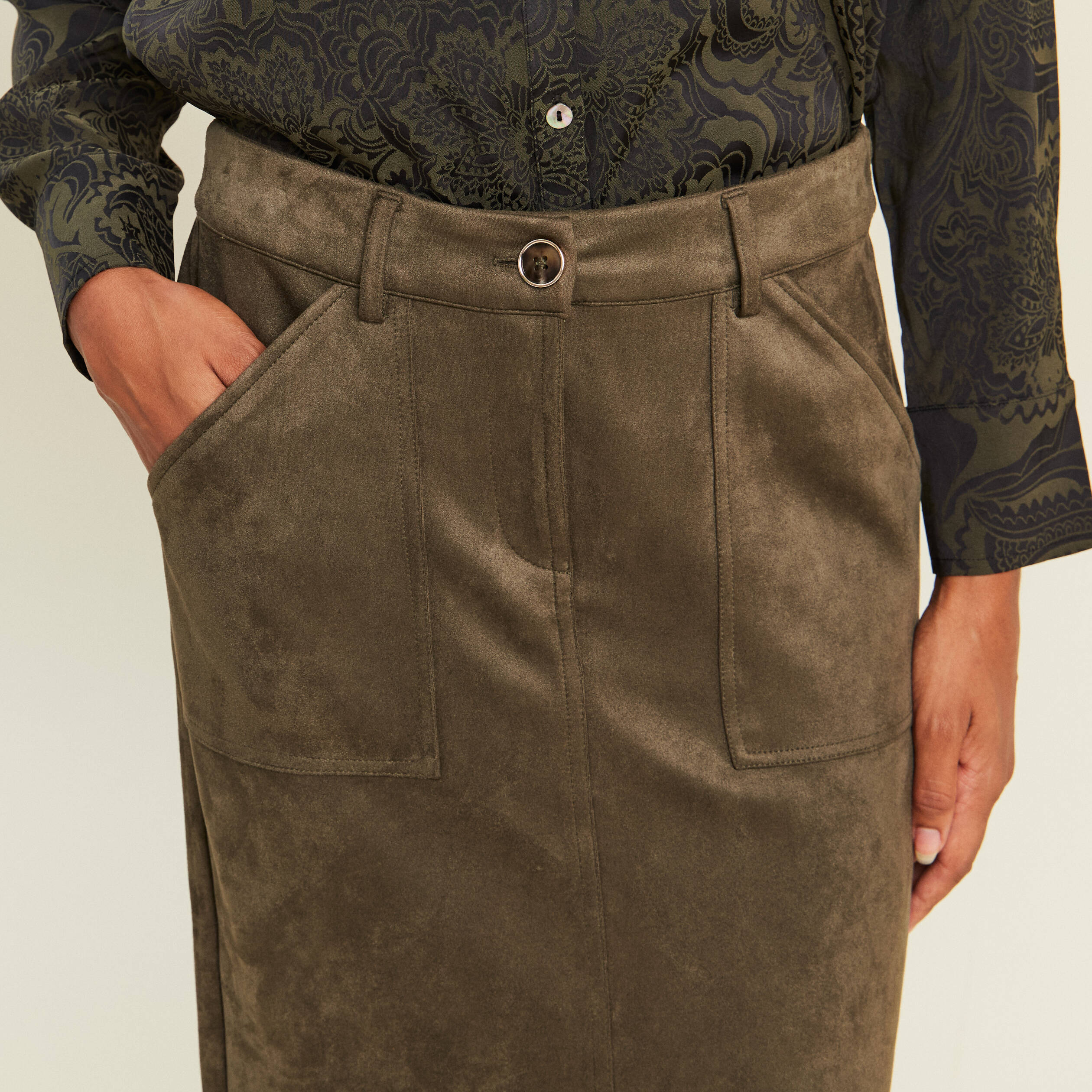 Jupe longue droite su&eacute;dine vert kaki femme