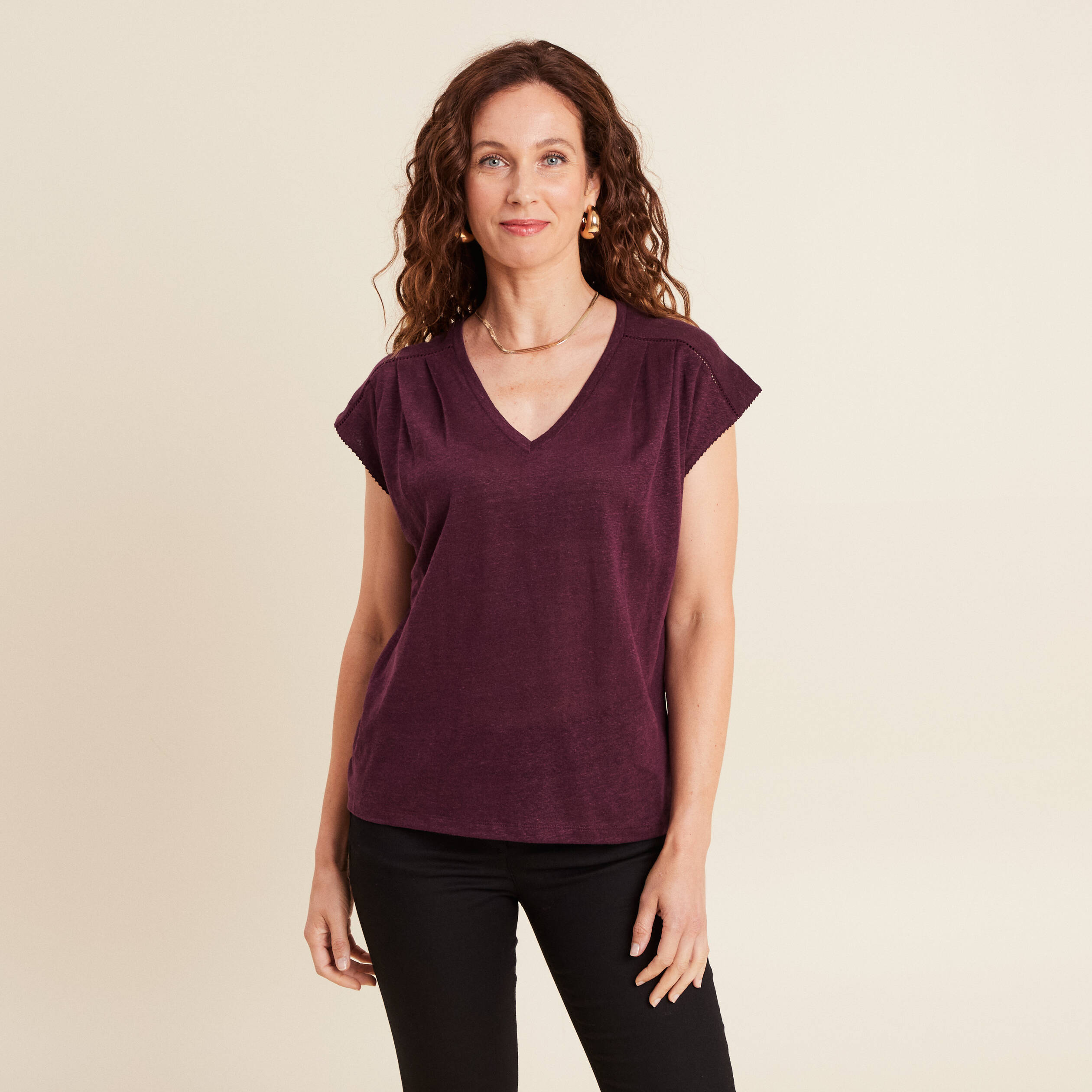 top col v manches courtes en lin prune femme Top col v manches courtes en lin prune femme