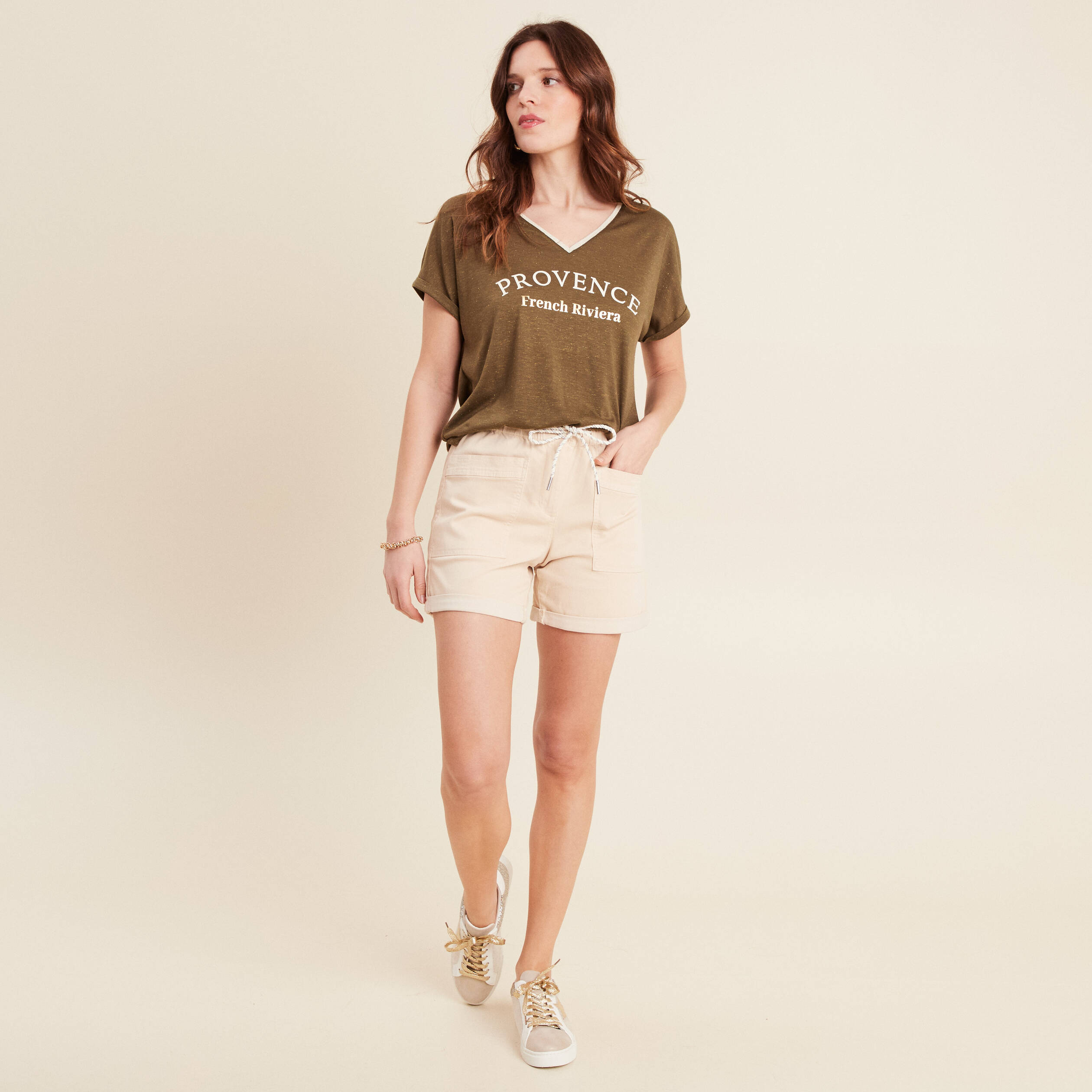 T-shirt manches courtes vert olive femme