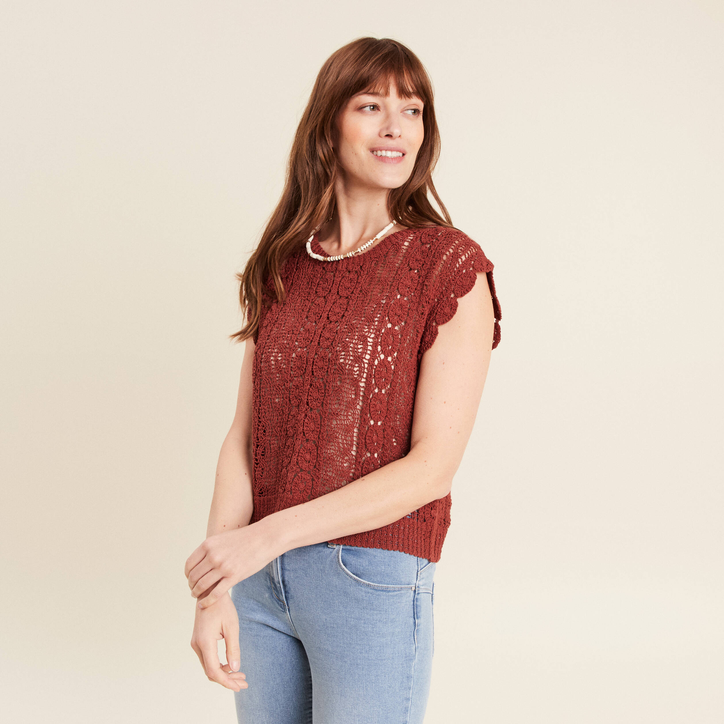 Débardeur macramé marron foncé femme