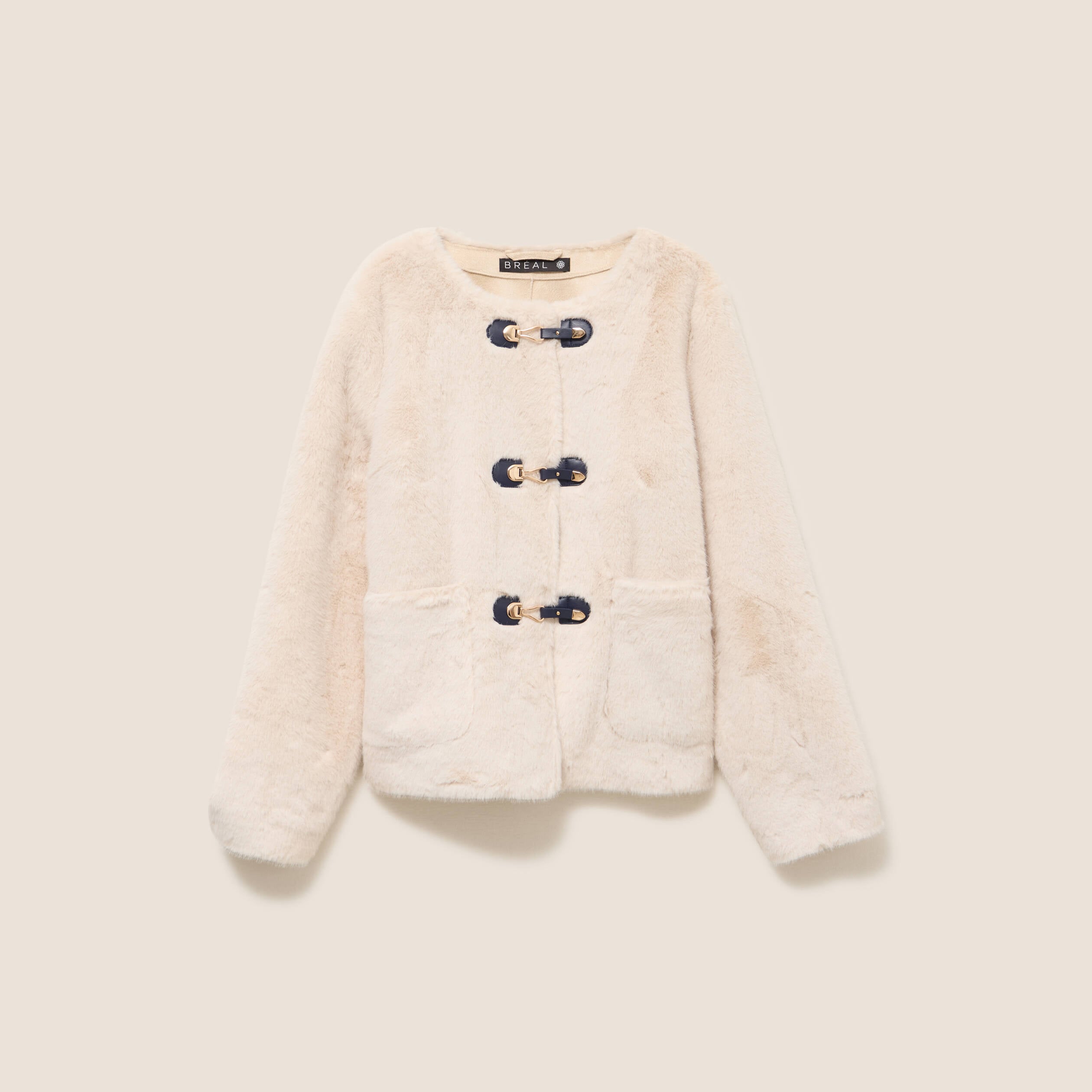 Manteau sans col en fausse fourrure ivoire femme
