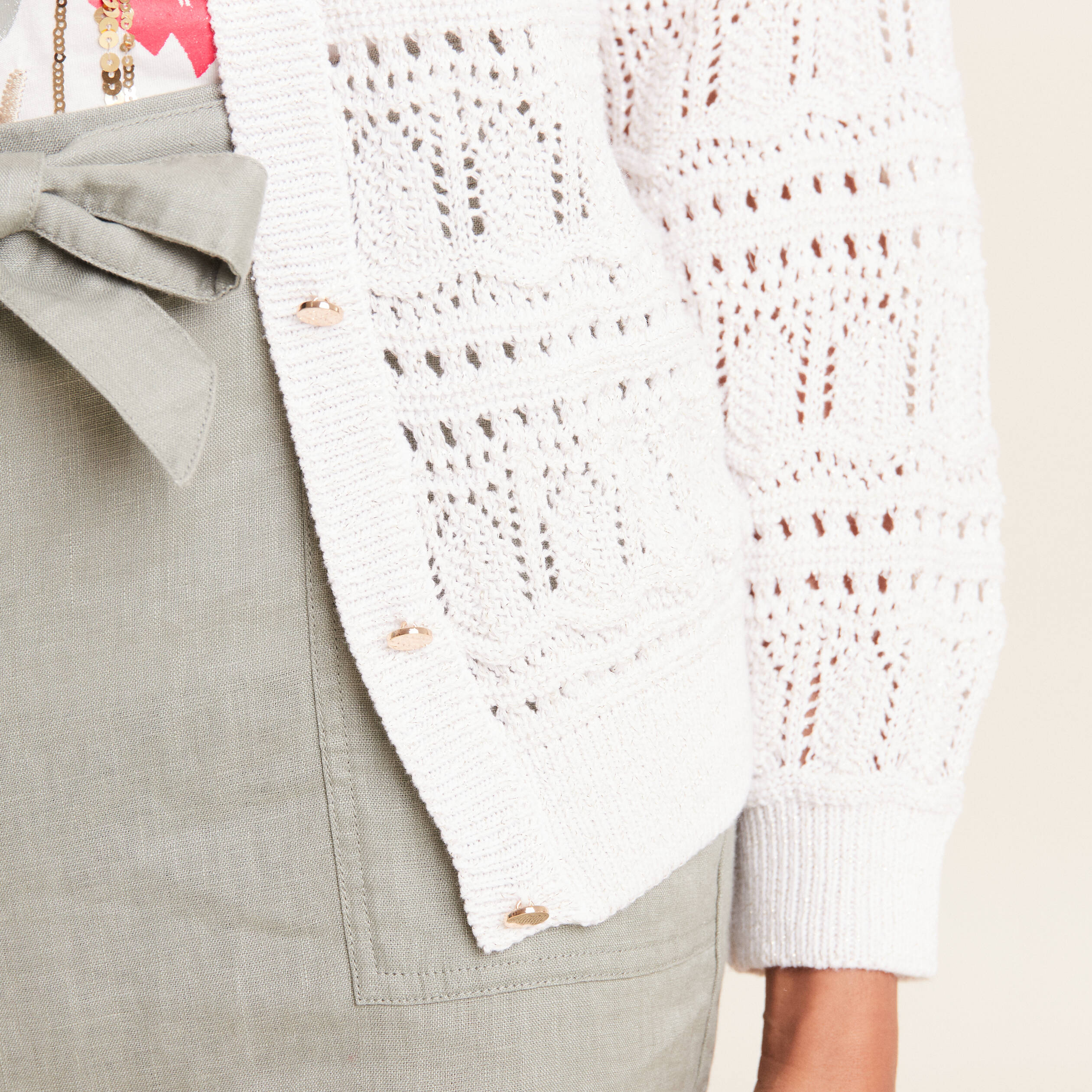Gilet manches longues ajouré ecru femme
