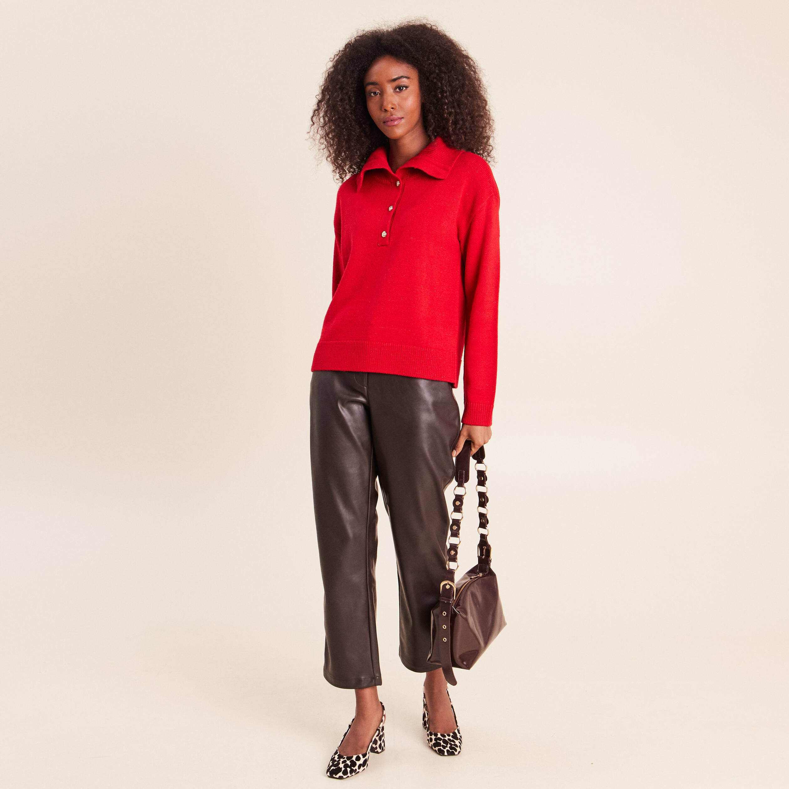 Pull col camionneur rouge femme