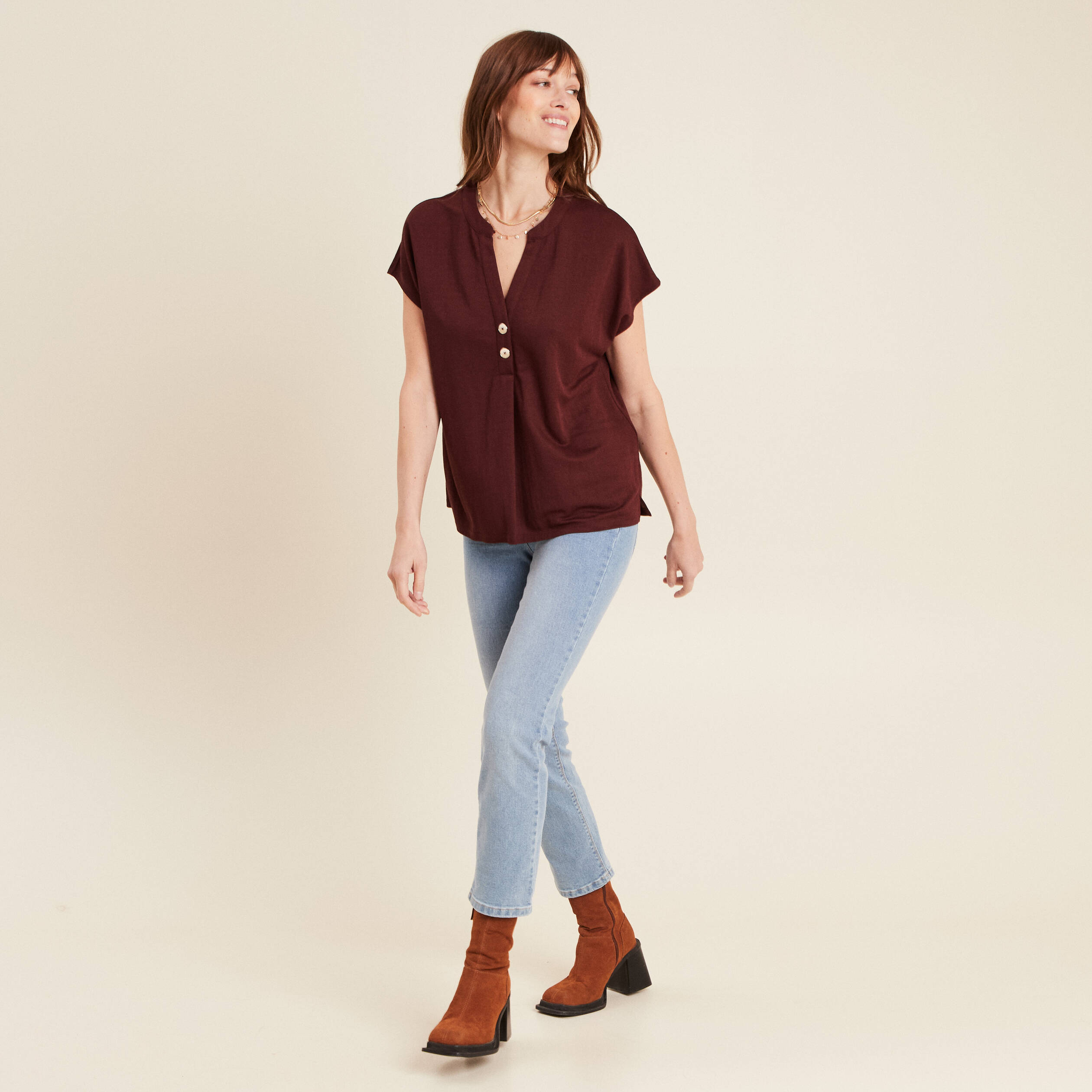 T-shirt manches courtes bordeaux femme