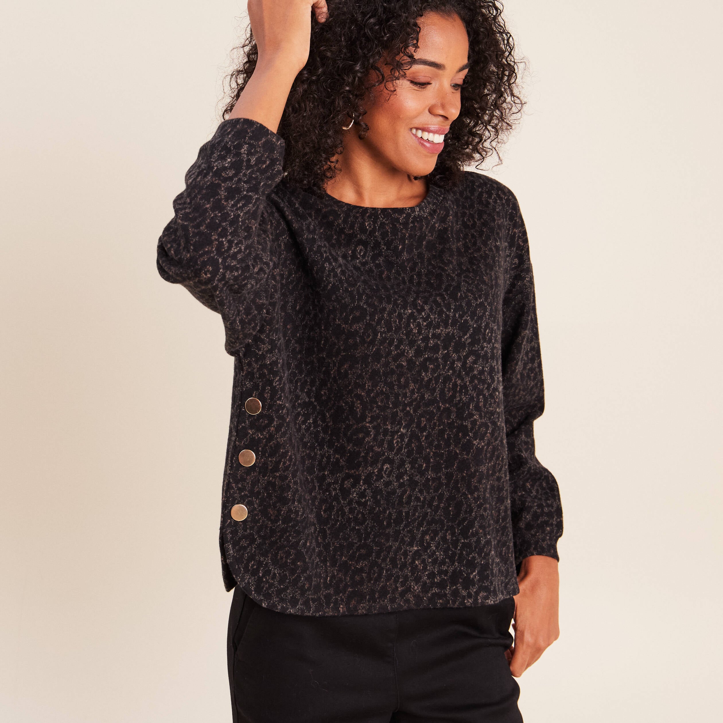 Pull col rond manches longues marron femme