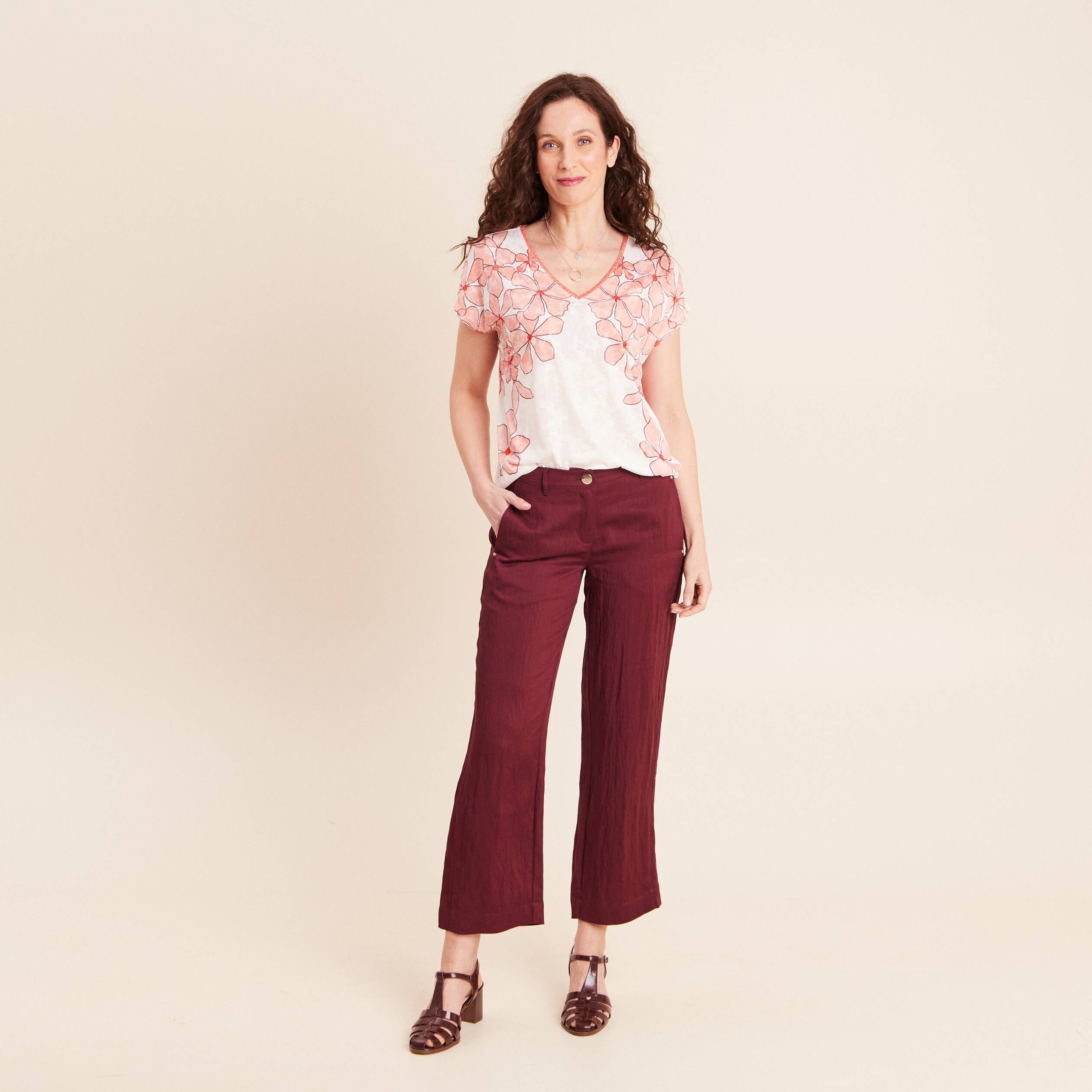 Pantalon large 7/8&egrave;me ceintur&eacute; prune femme
