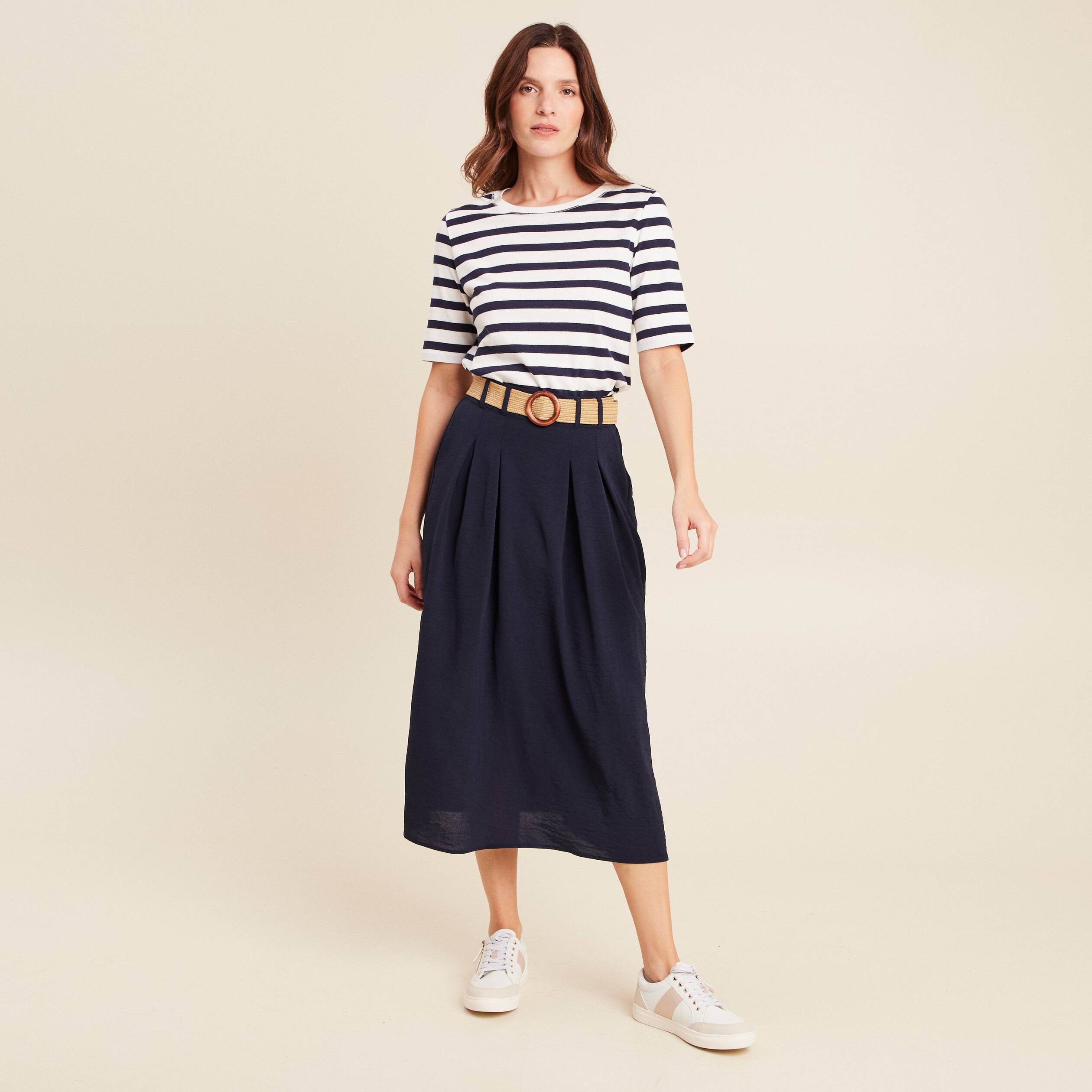 Jupe longue &eacute;vas&eacute;e ceintur&eacute;e bleu fonc&eacute; femme