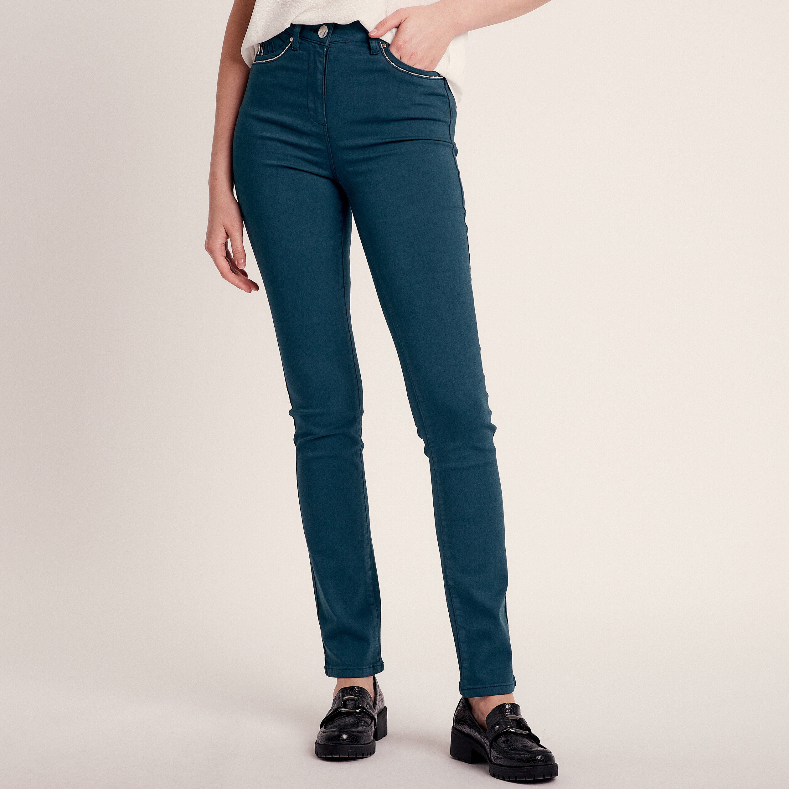 Pantalon ajusté taille haute bleu canard femme