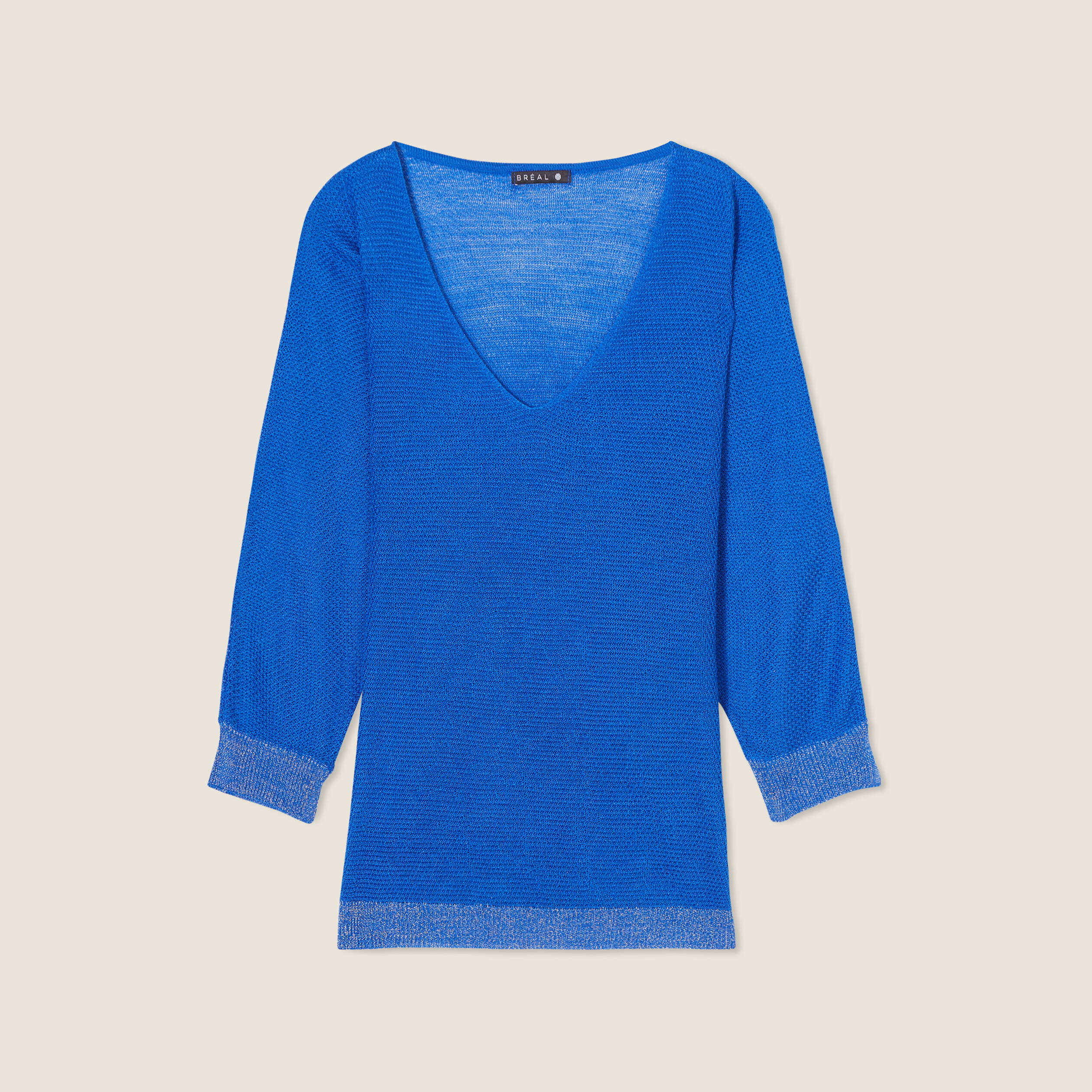 Pull manches longues col en V bleu electrique femme