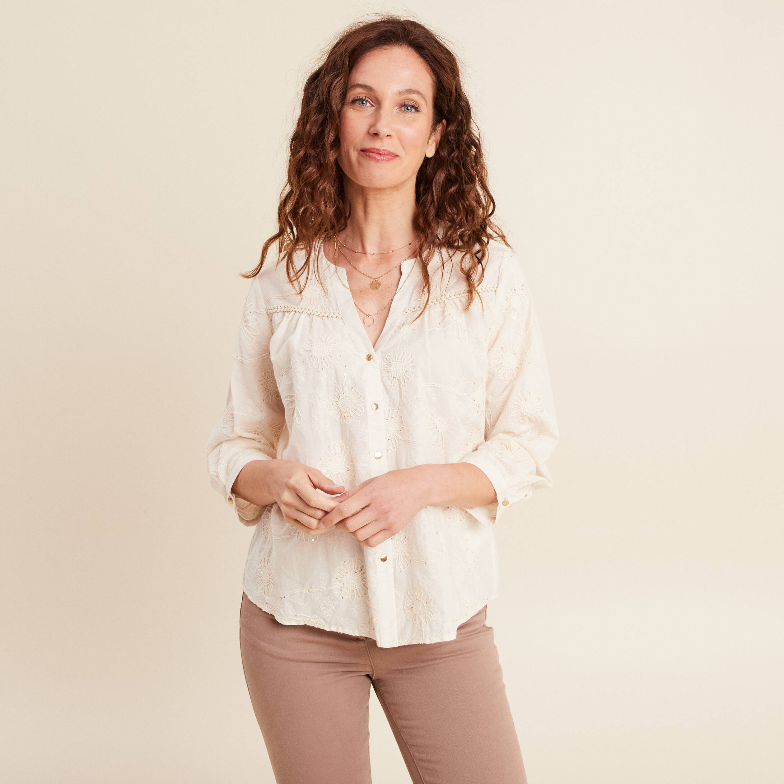Blouse col tunisien manches 3/4 ecru femme