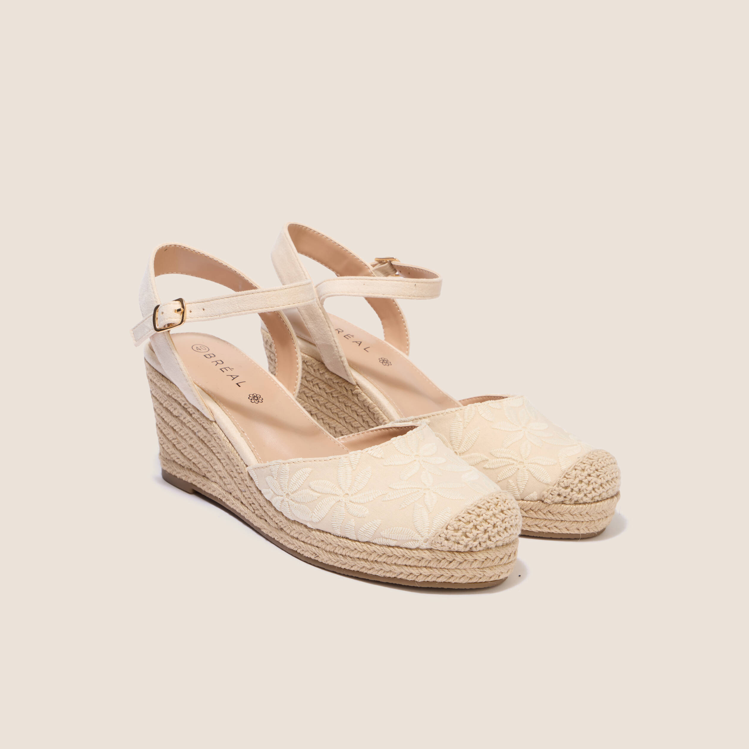 Espadrille compens&eacute;e aspect dentelle ivoire femme