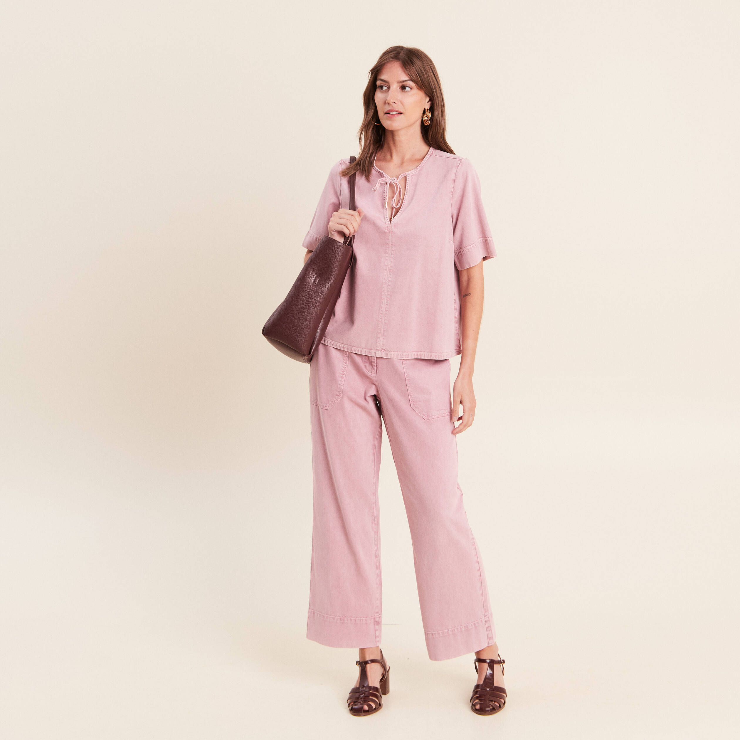 Pantalon large taille haute fluide rose femme