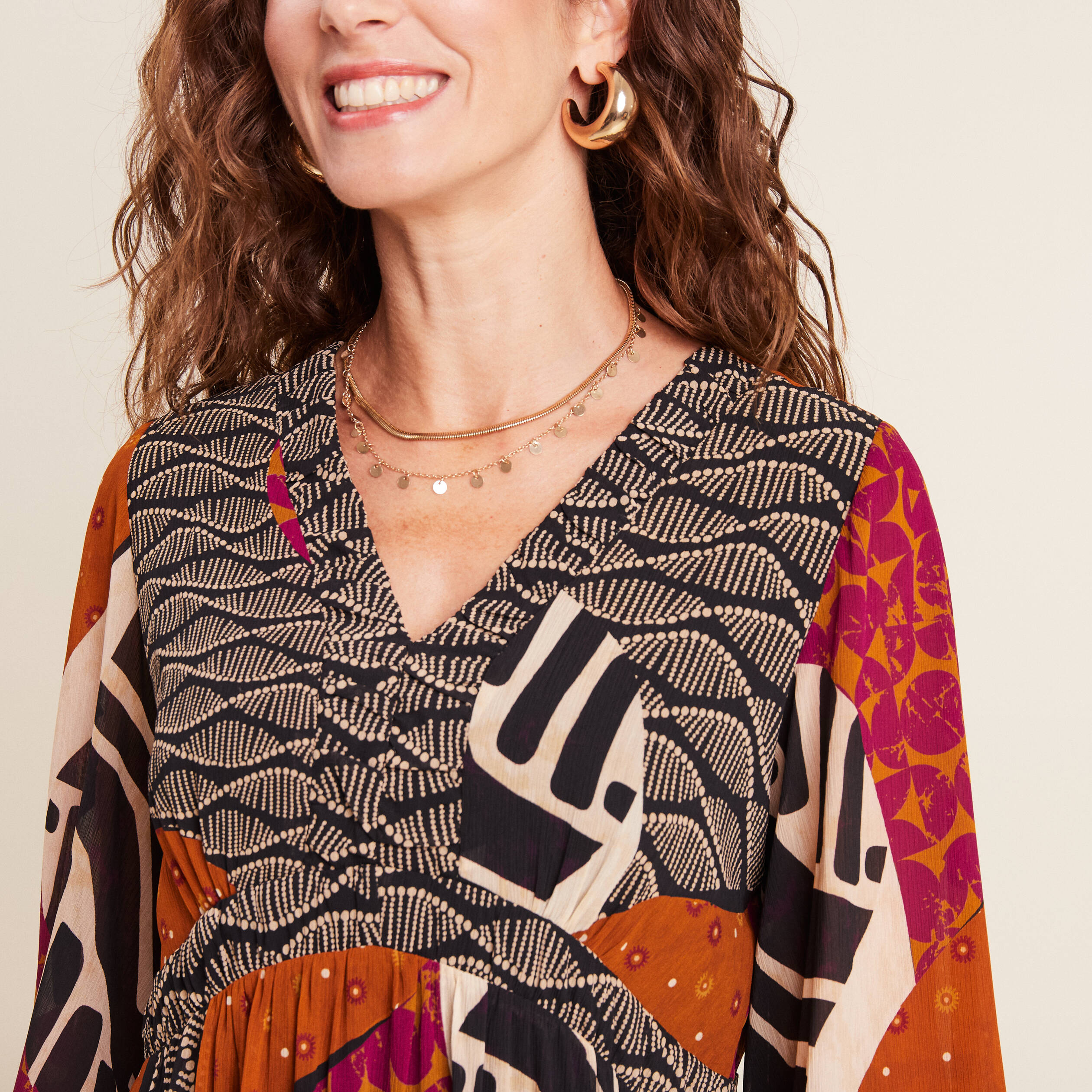 Robe évasée fluide manches 3/4 multicolore femme