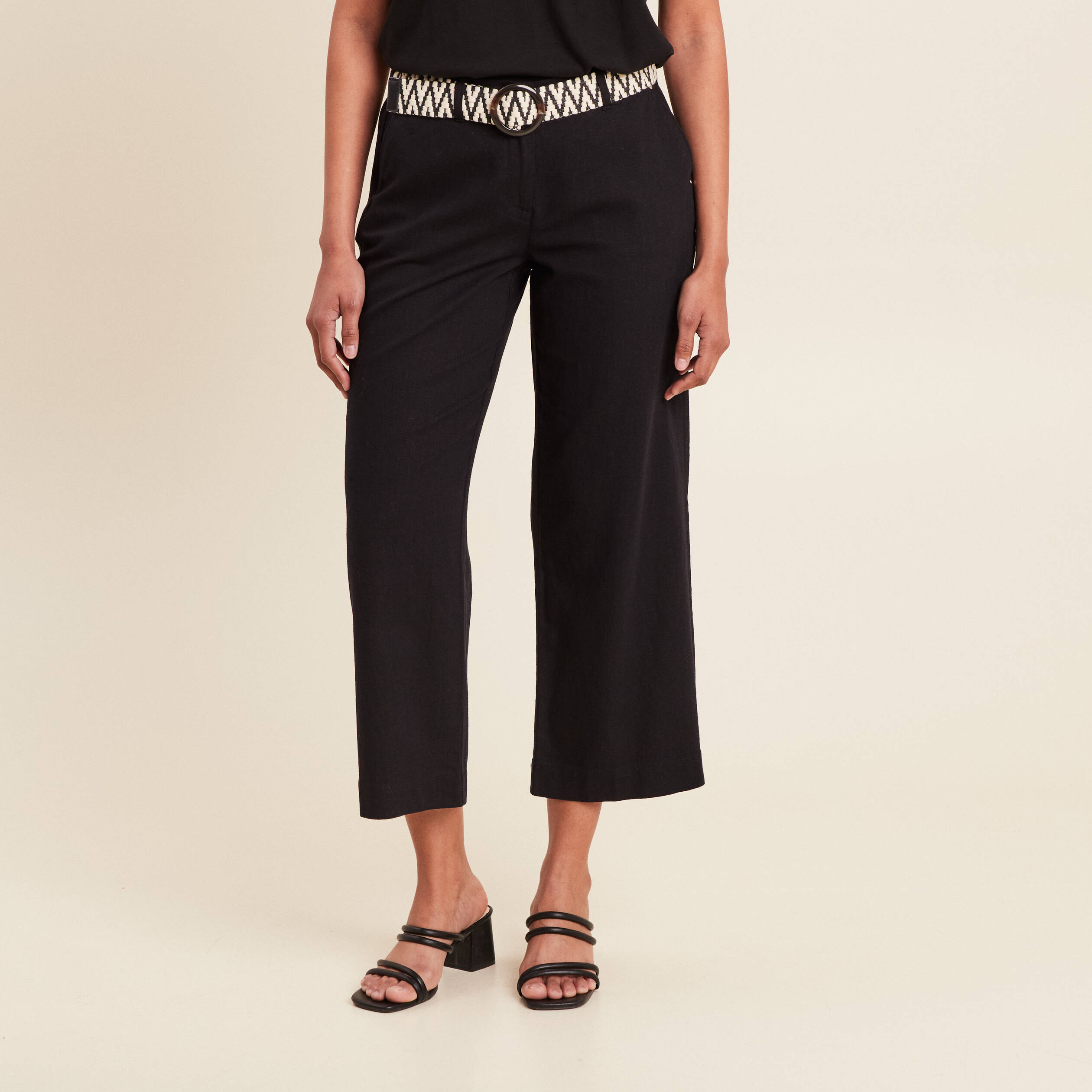Pantalon large 7/8ème ceinturé noir femme