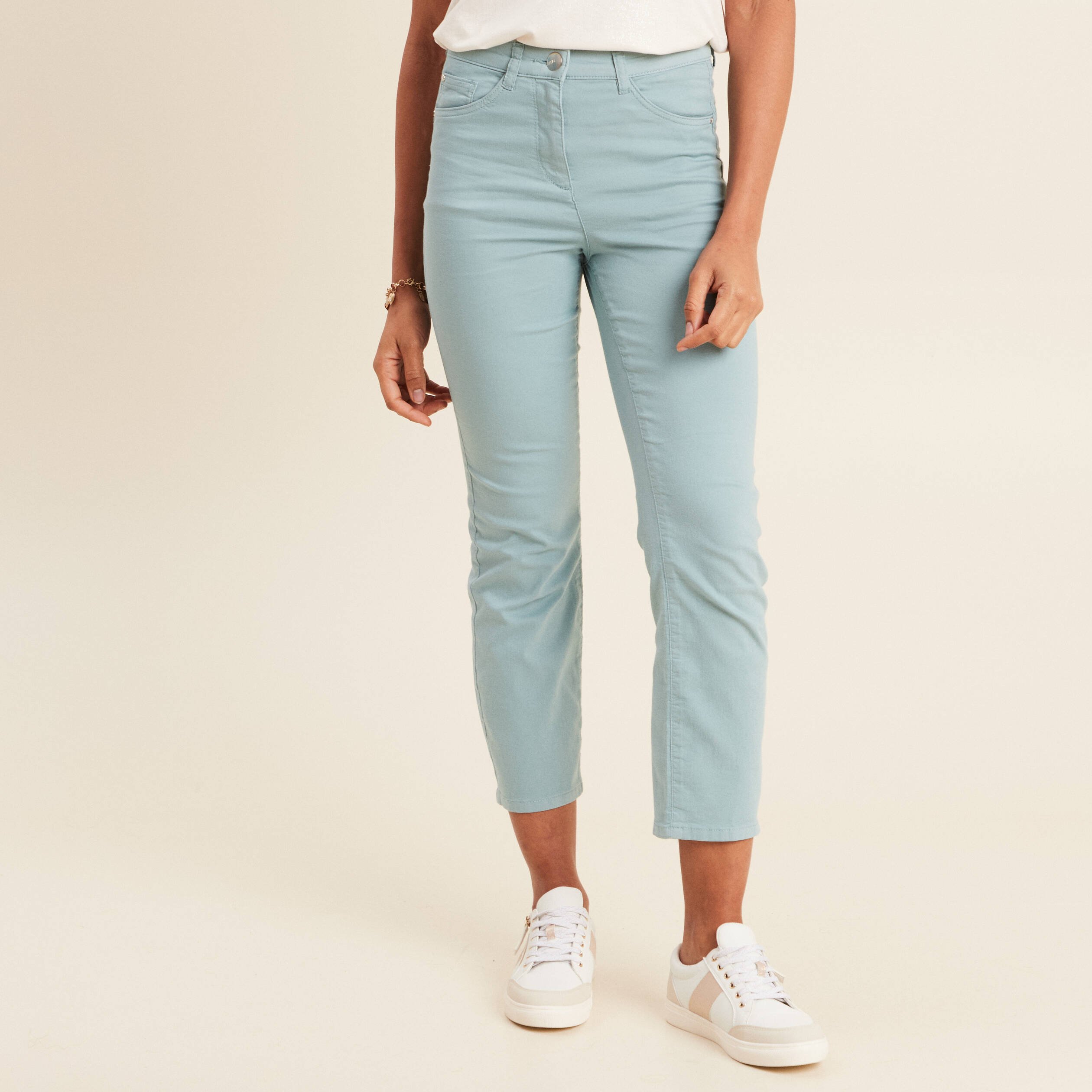 Pantalon droit taille haute 7/8ème bleu canard femme