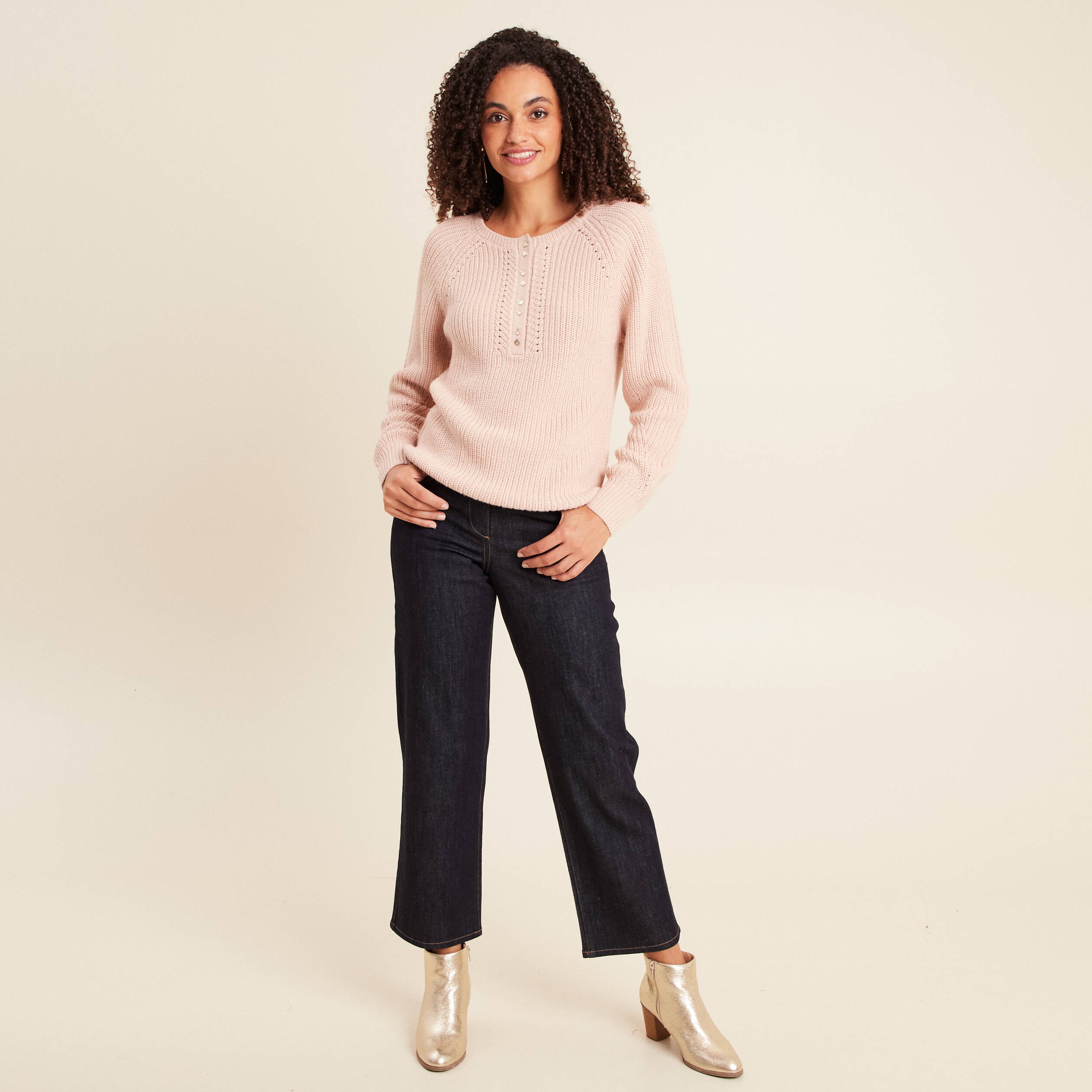 Pull col tunisien manches longues vieux rose femme