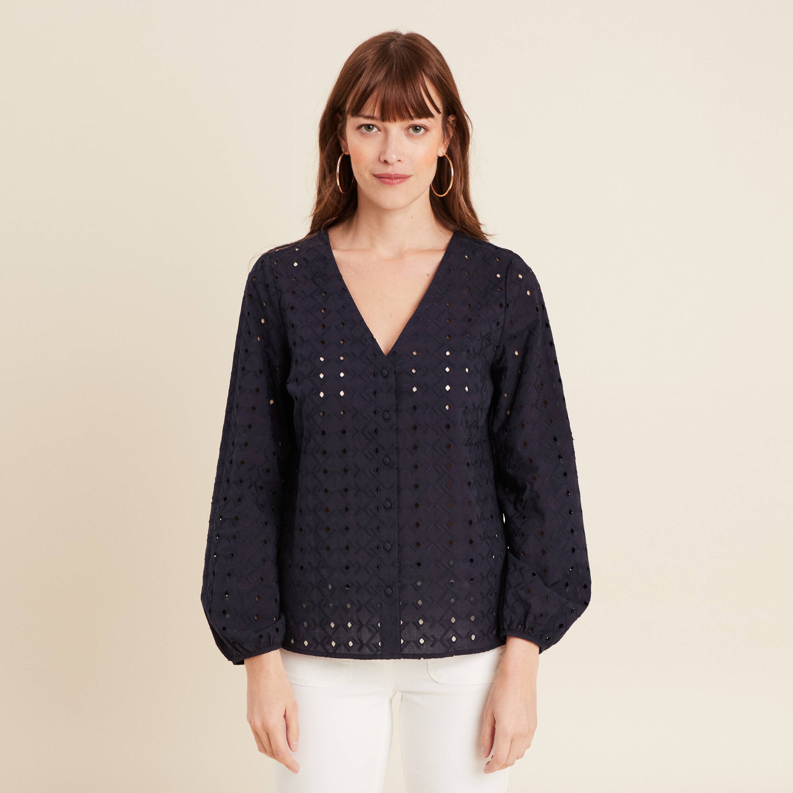 Chemise manches 3/4 brodée bleu foncé femme