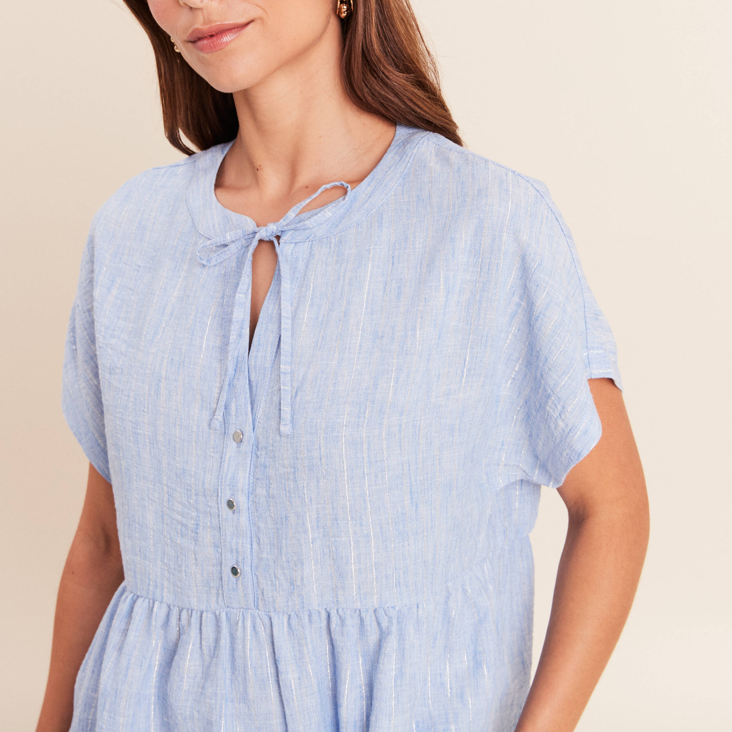 Blouse ample col v manches courtes bleu femme