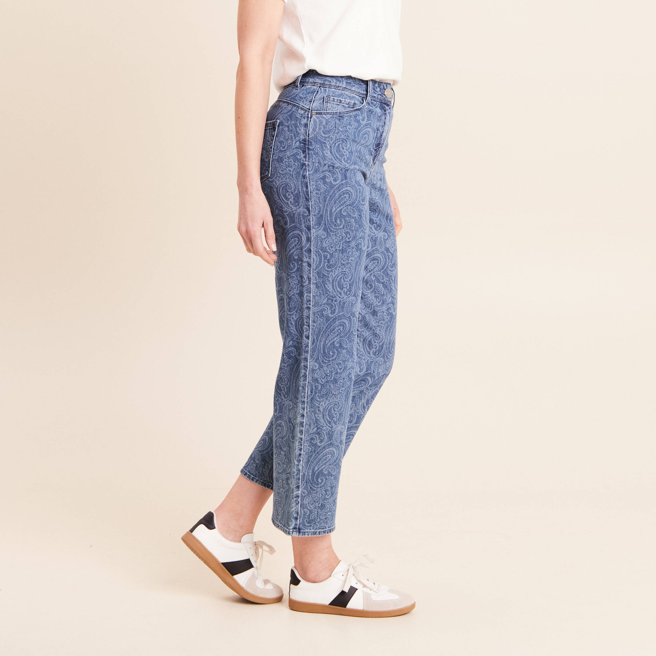 Jean droit 7/8&egrave;me taille bascul&eacute;e denim stone femme