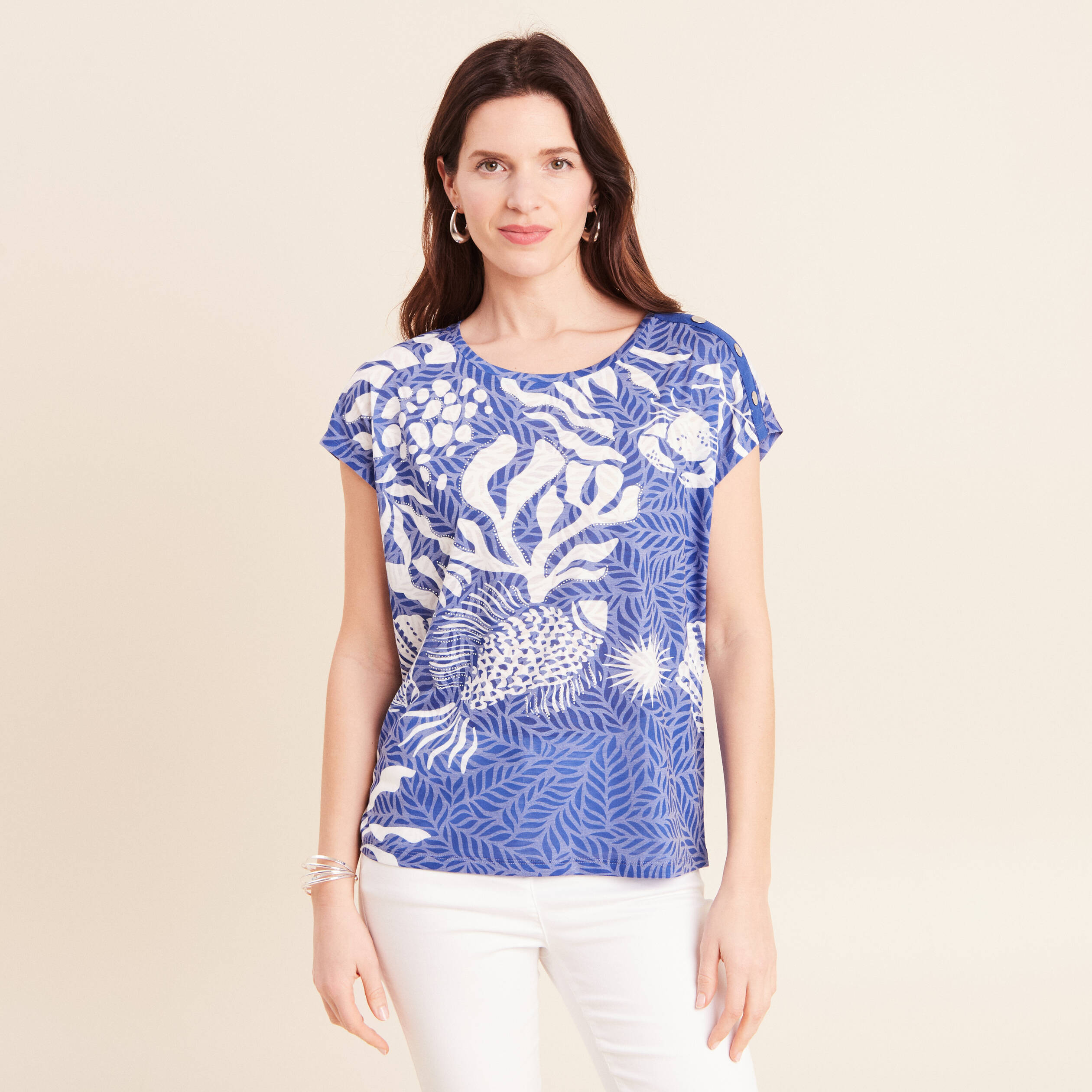 T-shirt manches courtes bleu fonc&eacute; femme