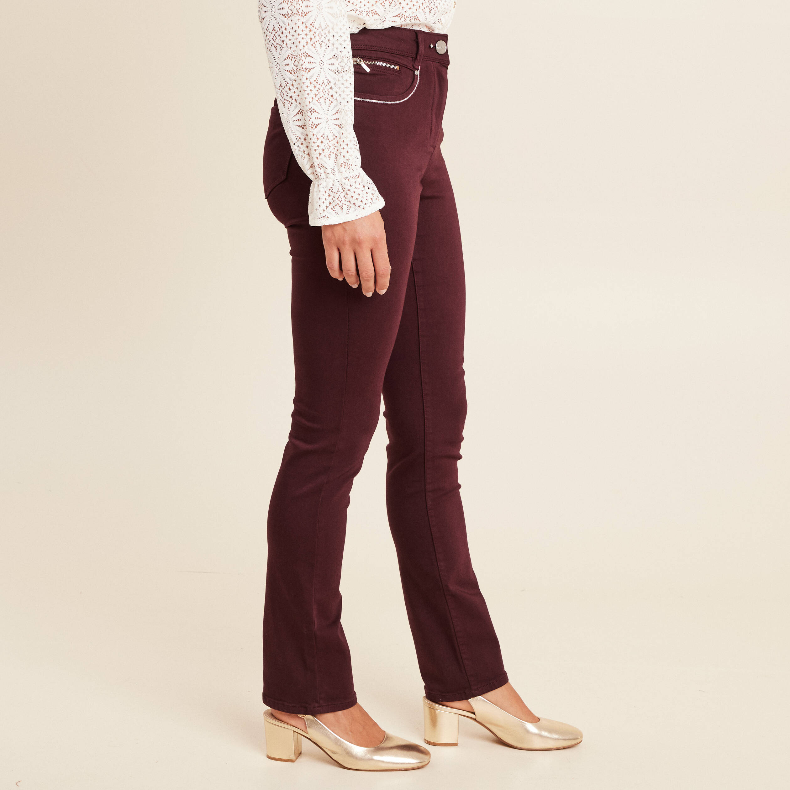 Pantalon droit taille haute bordeaux femme