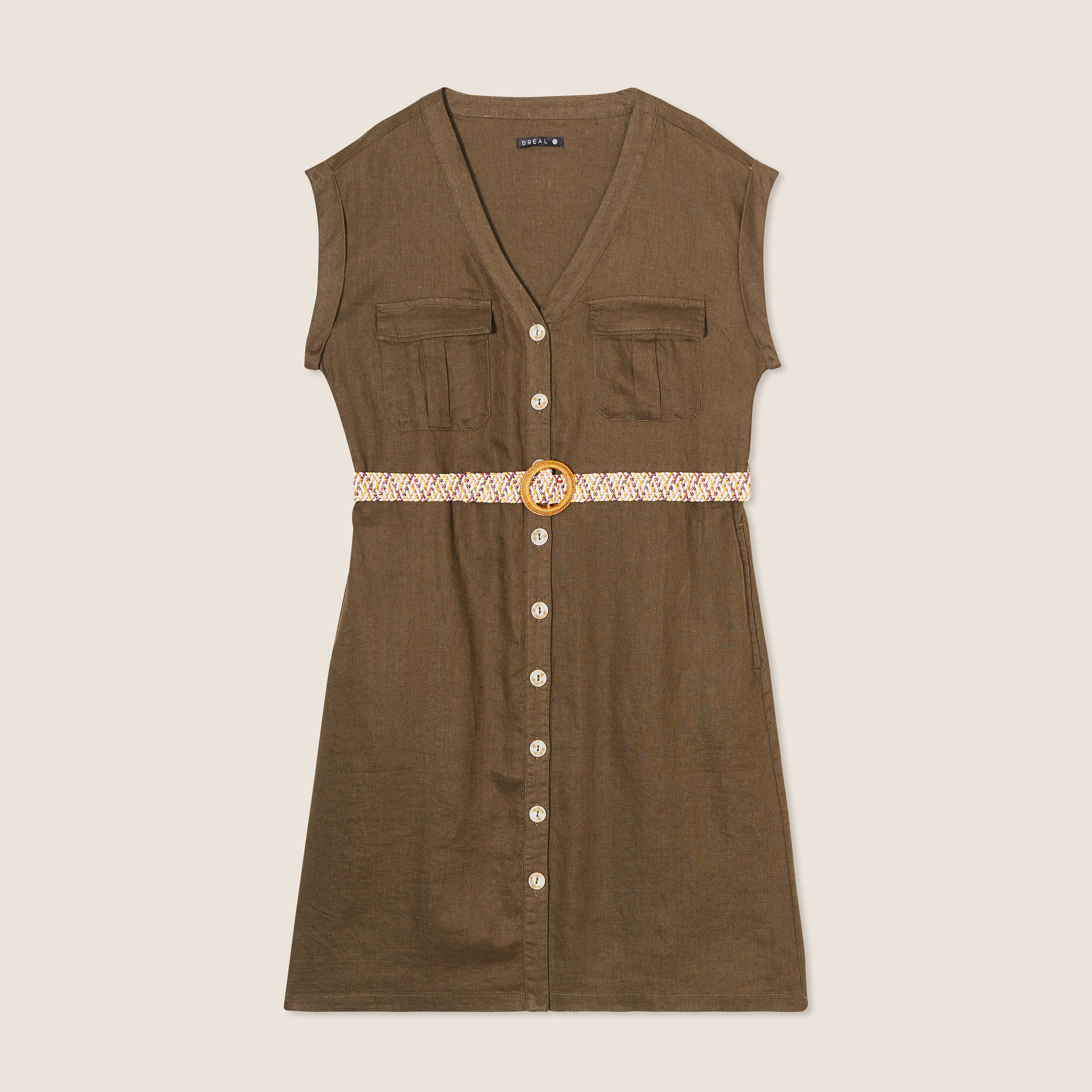 Robe évasée boutonnée vert olive femme