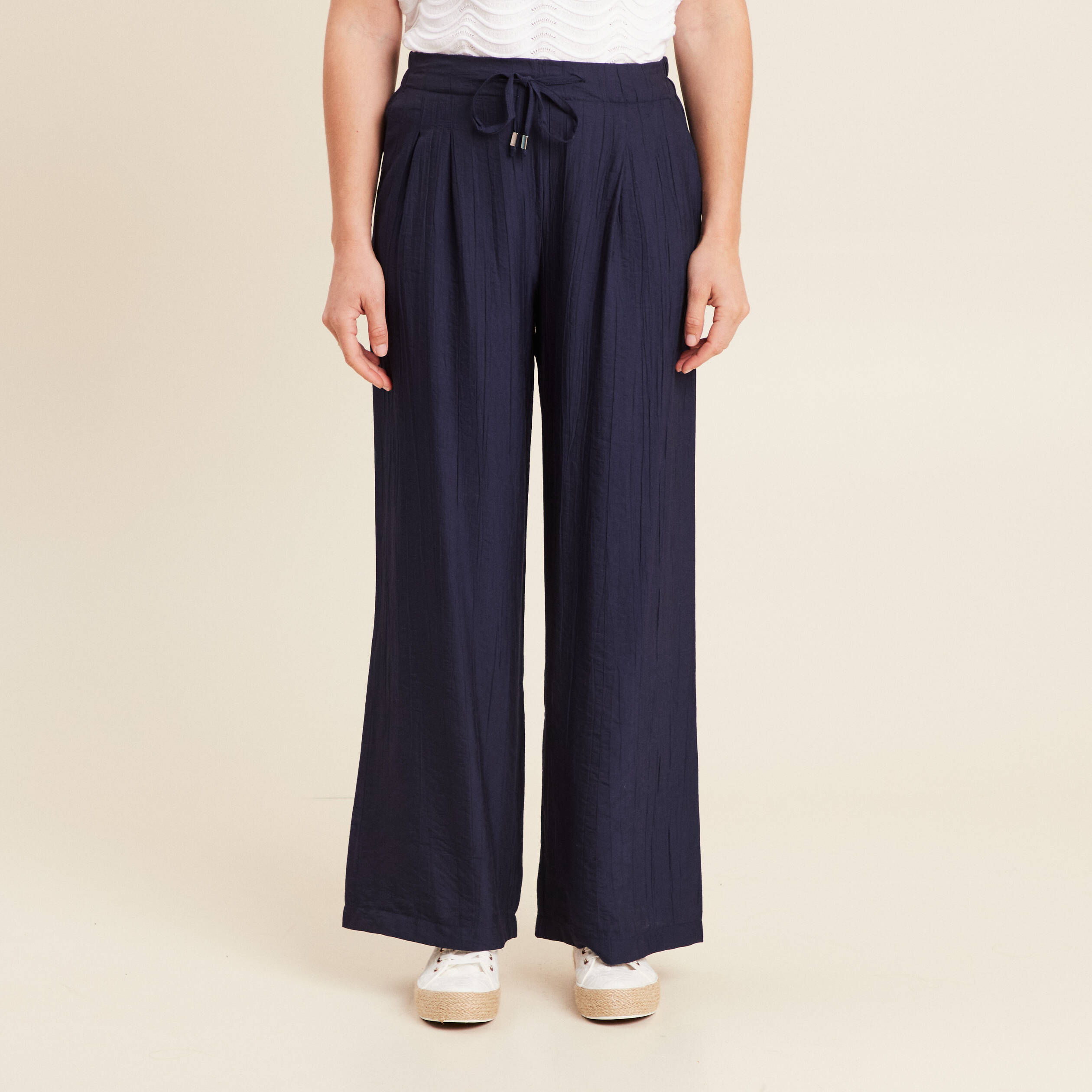 Pantalon fluide taille haute bleu marine femme
