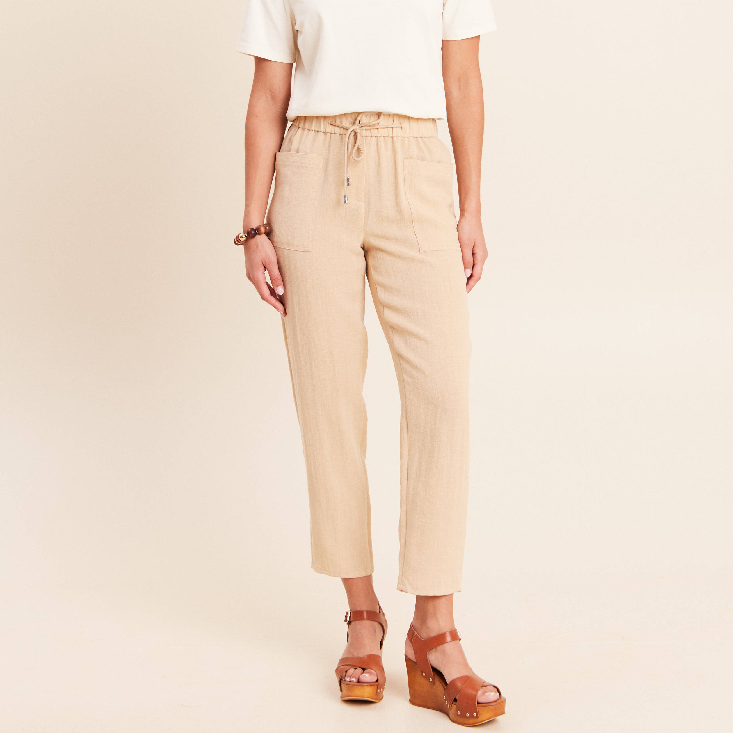 Pantalon mom 7/8&egrave;me en coton beige femme