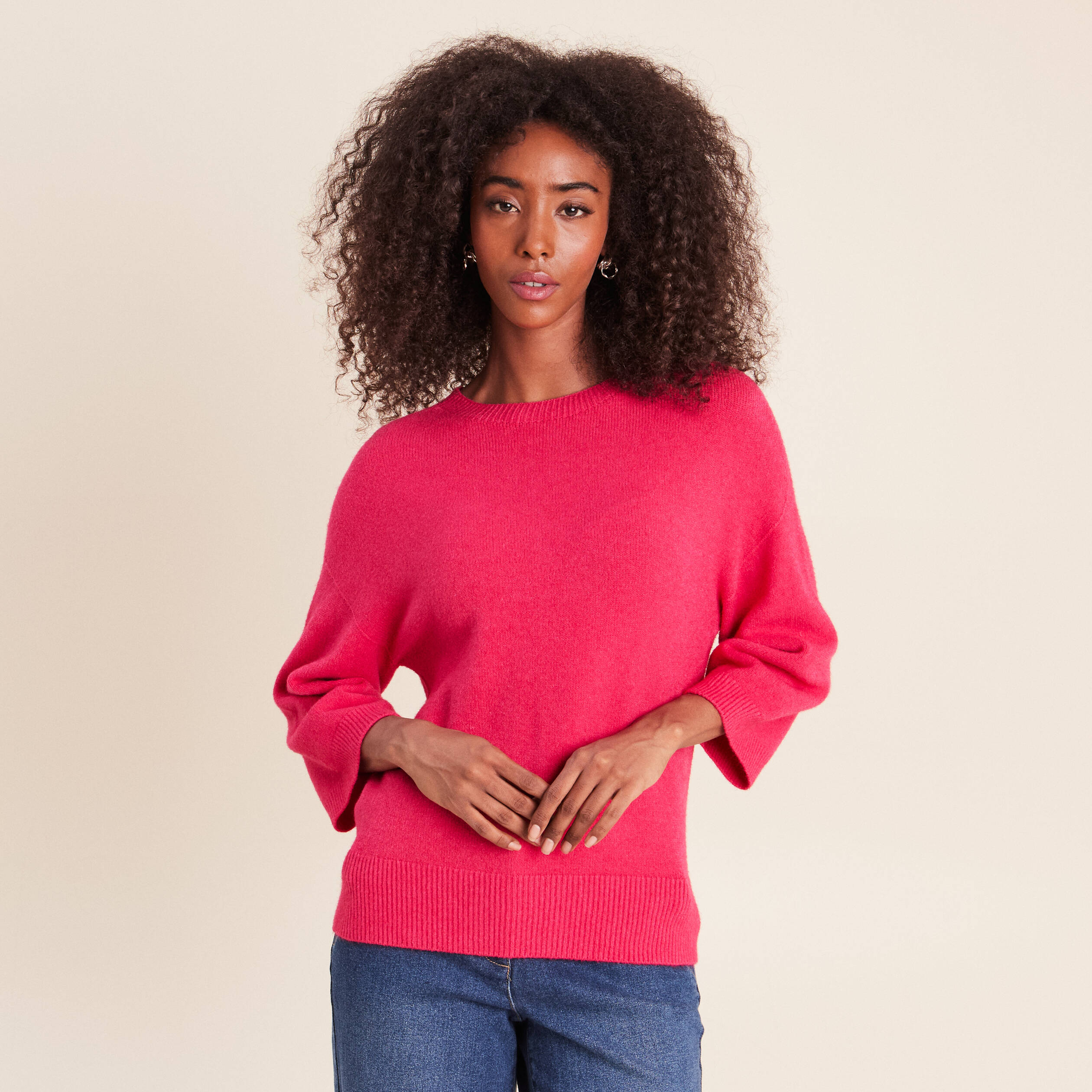 Pull droit col rond manches 3/4 rose femme