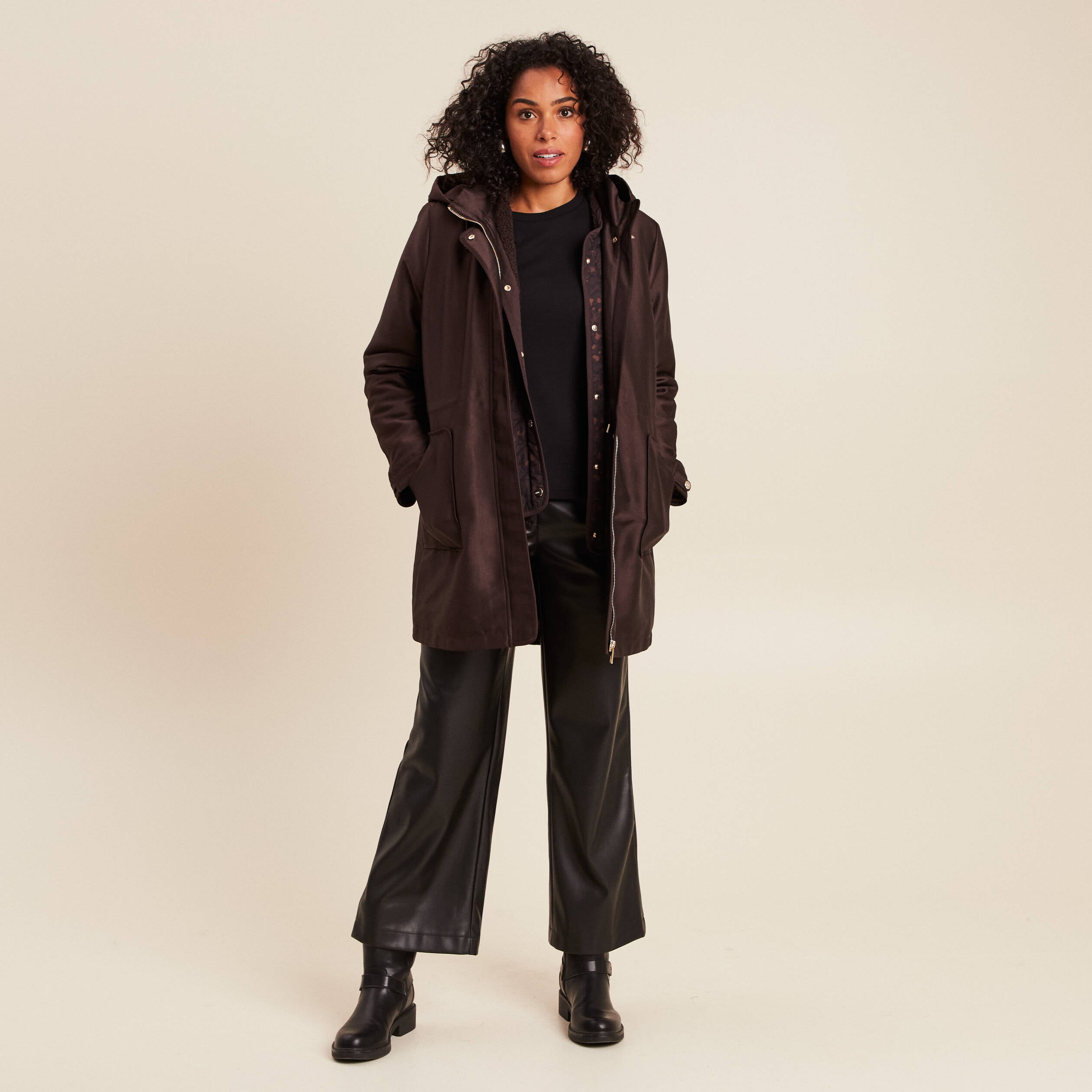 Parka cintr&eacute;e 4 en 1 avec capuche marron fonc&eacute; femme