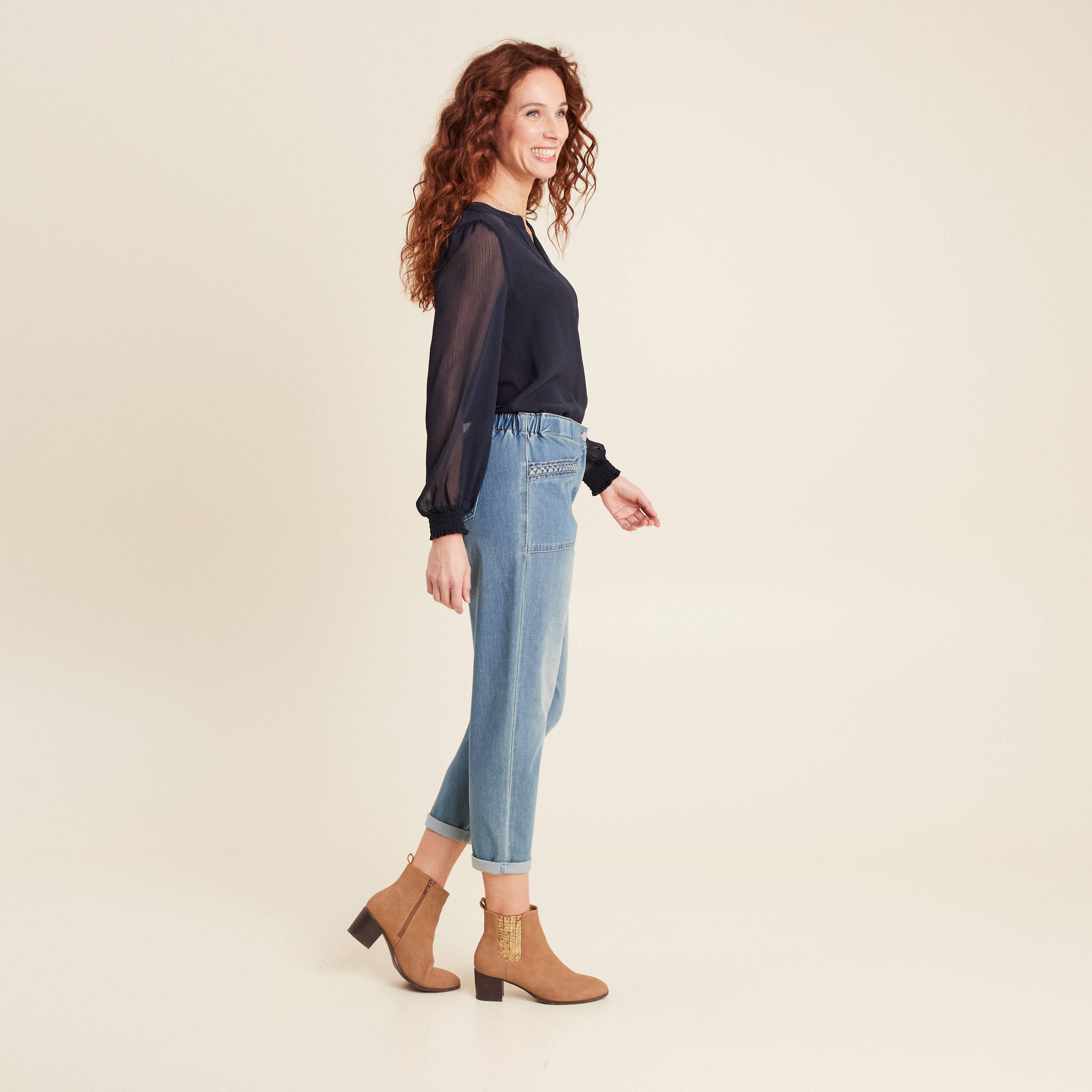 Jean paperbag détails tressés denim double stone femme