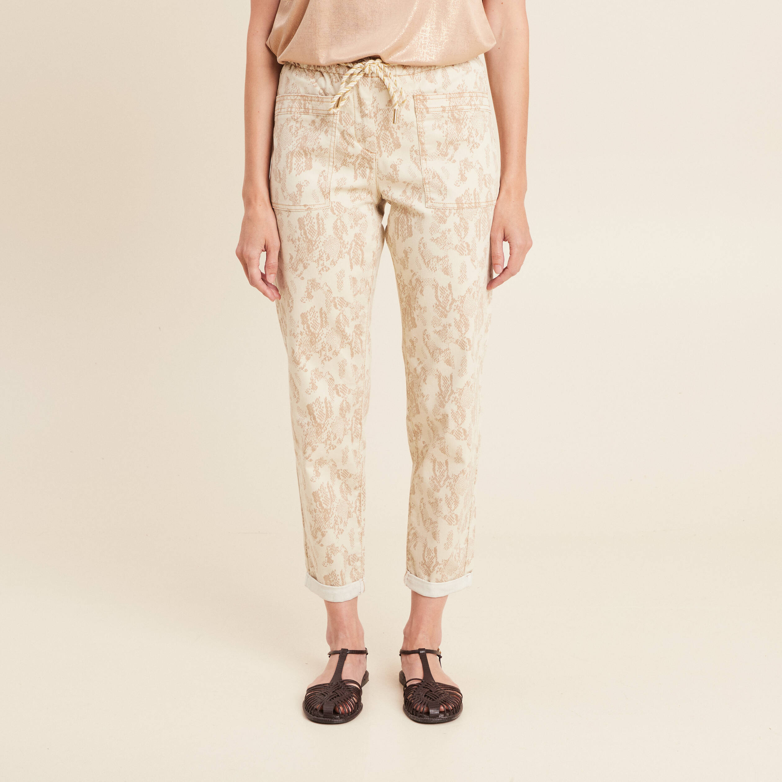 Pantalon paperbag 7/8ème beige femme