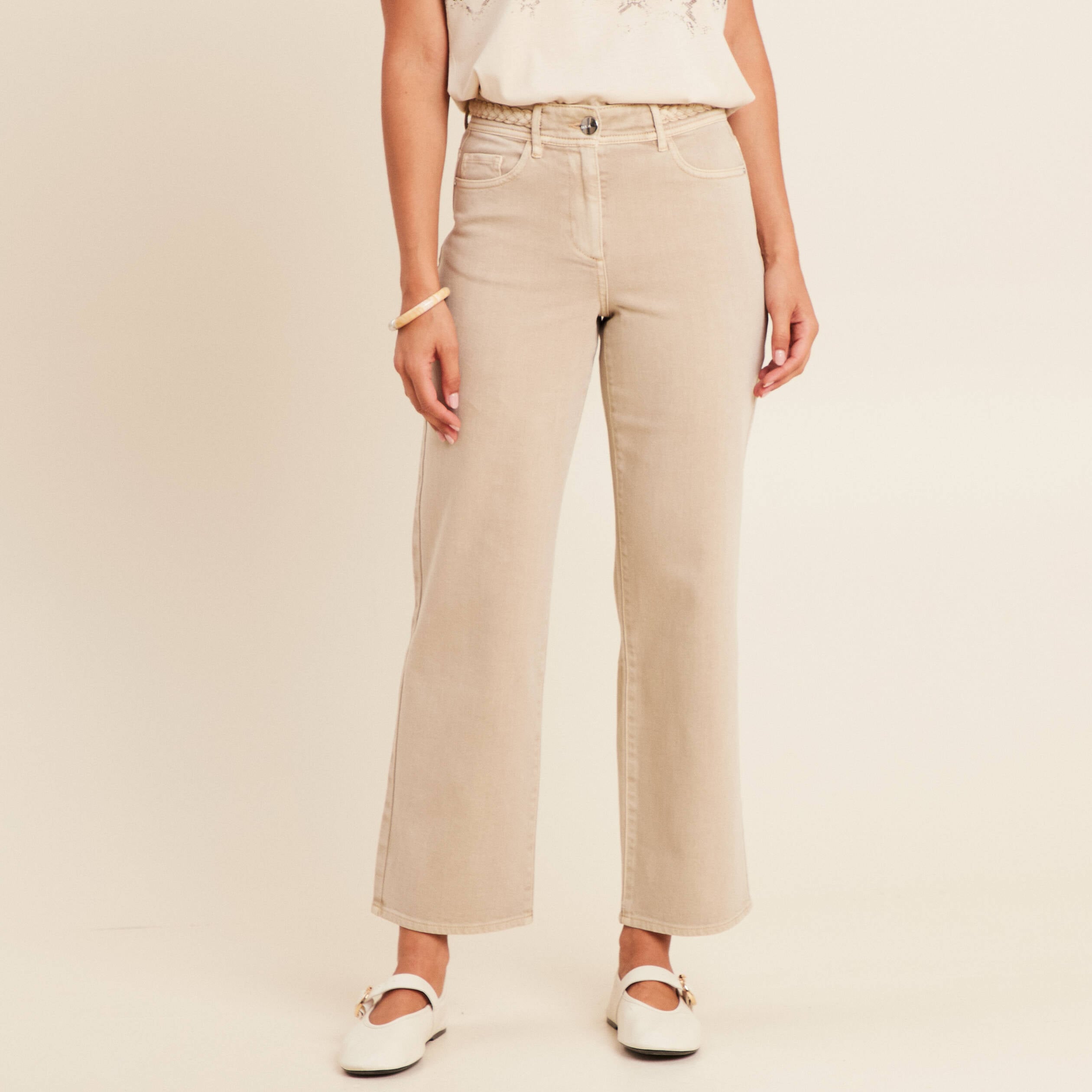 Jean coupe large 7/8&egrave;me taille haute denim beige femme