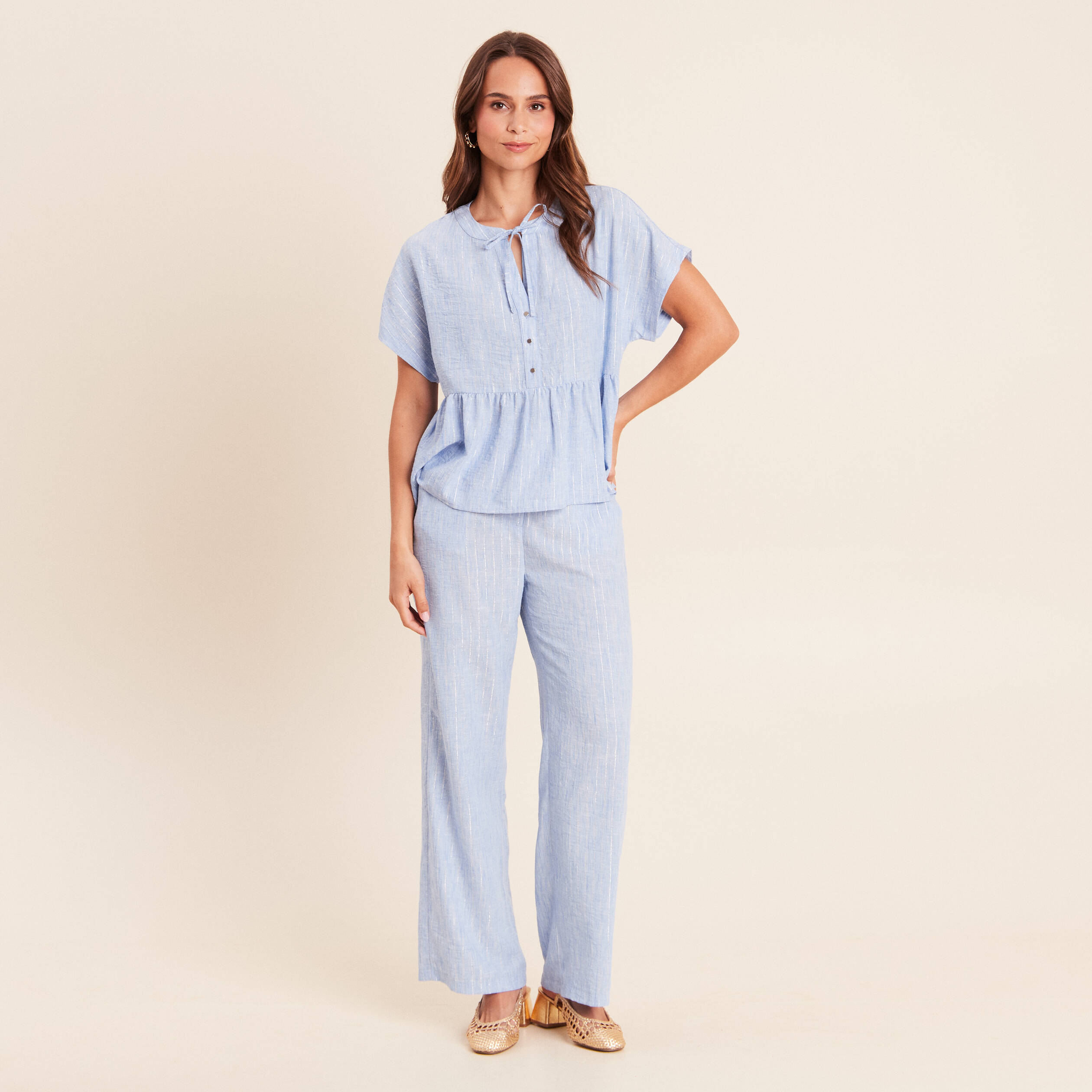 Blouse ample col v manches courtes bleu femme