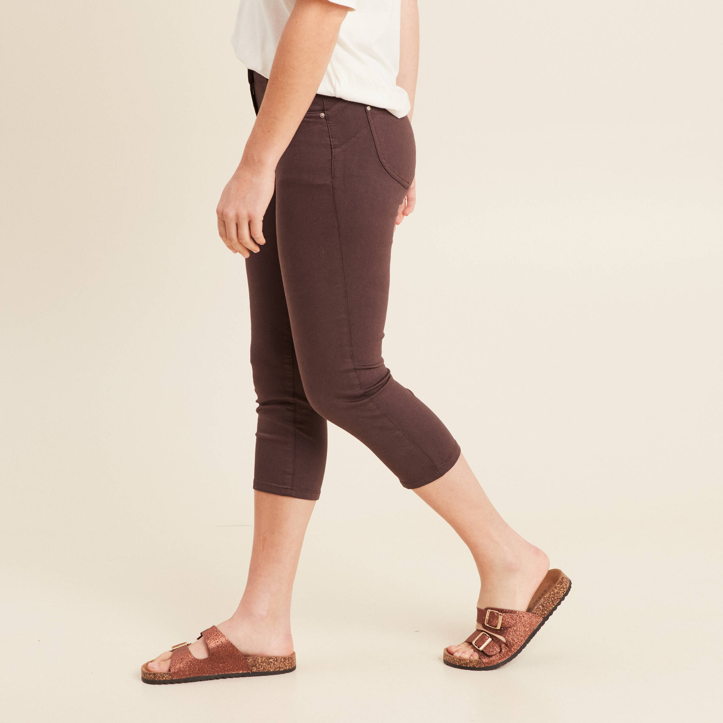 Pantacourt droit taille standard marron femme