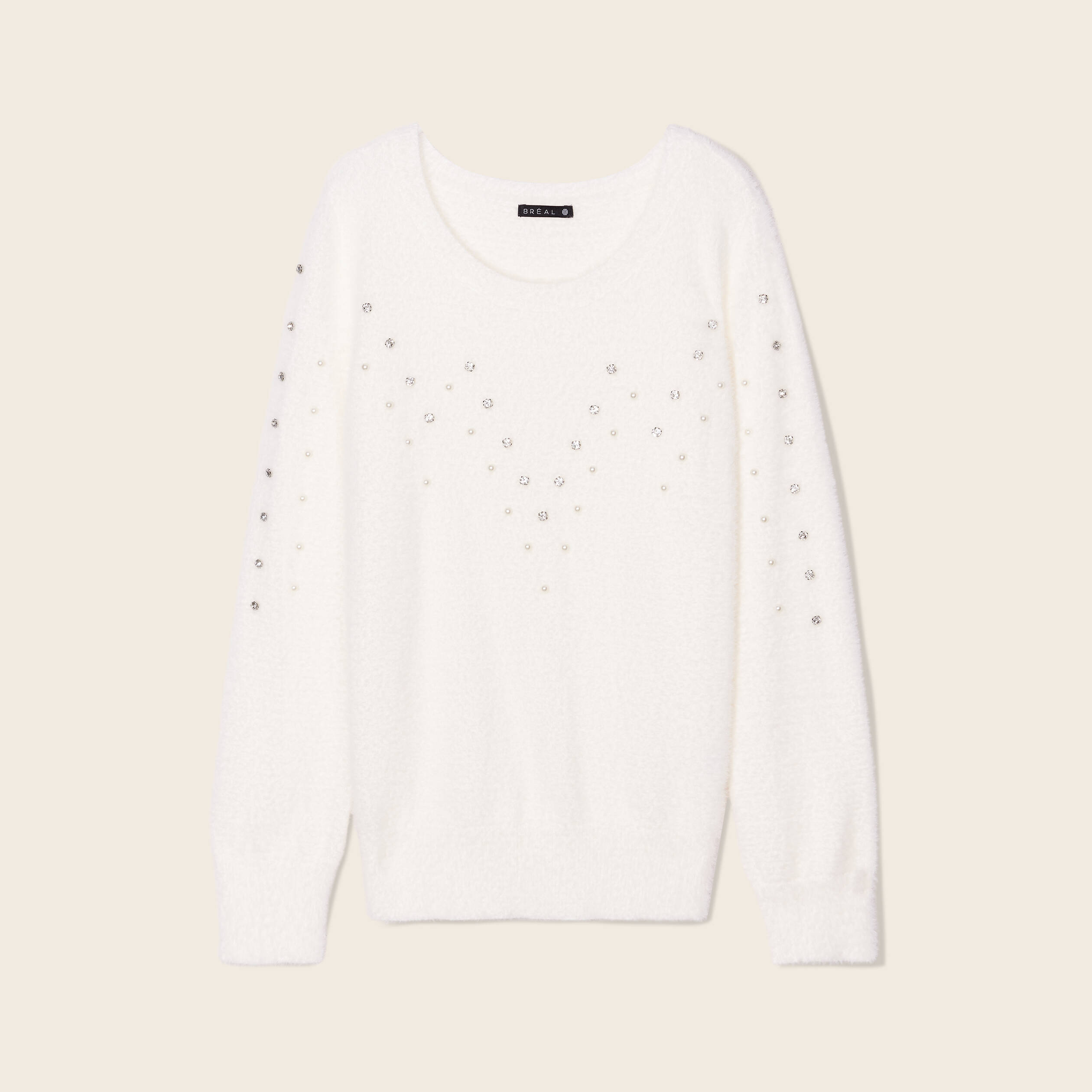Pull manches longues strass ecru femme