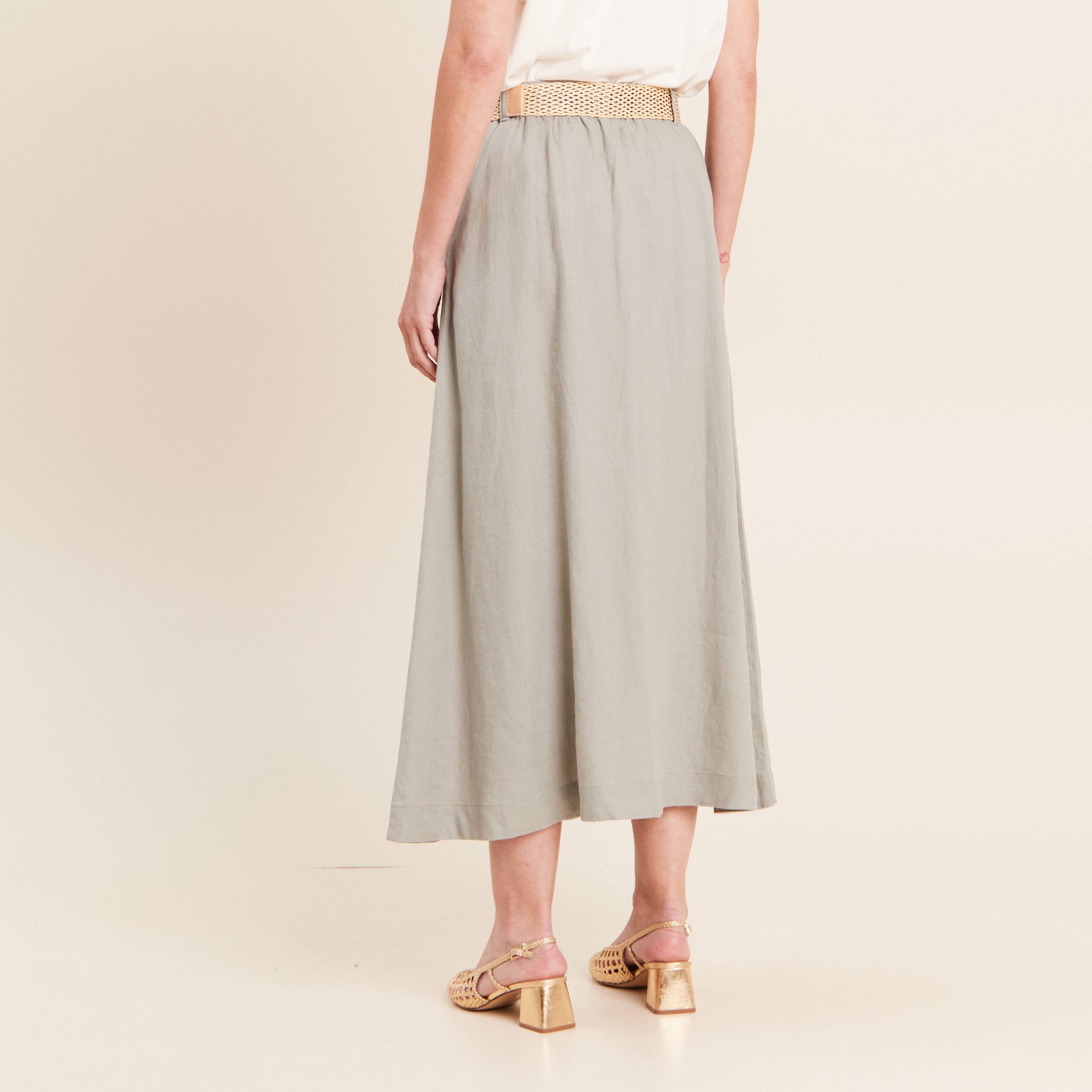 Jupe aspect lin avec ceinture amovible vert clair femme