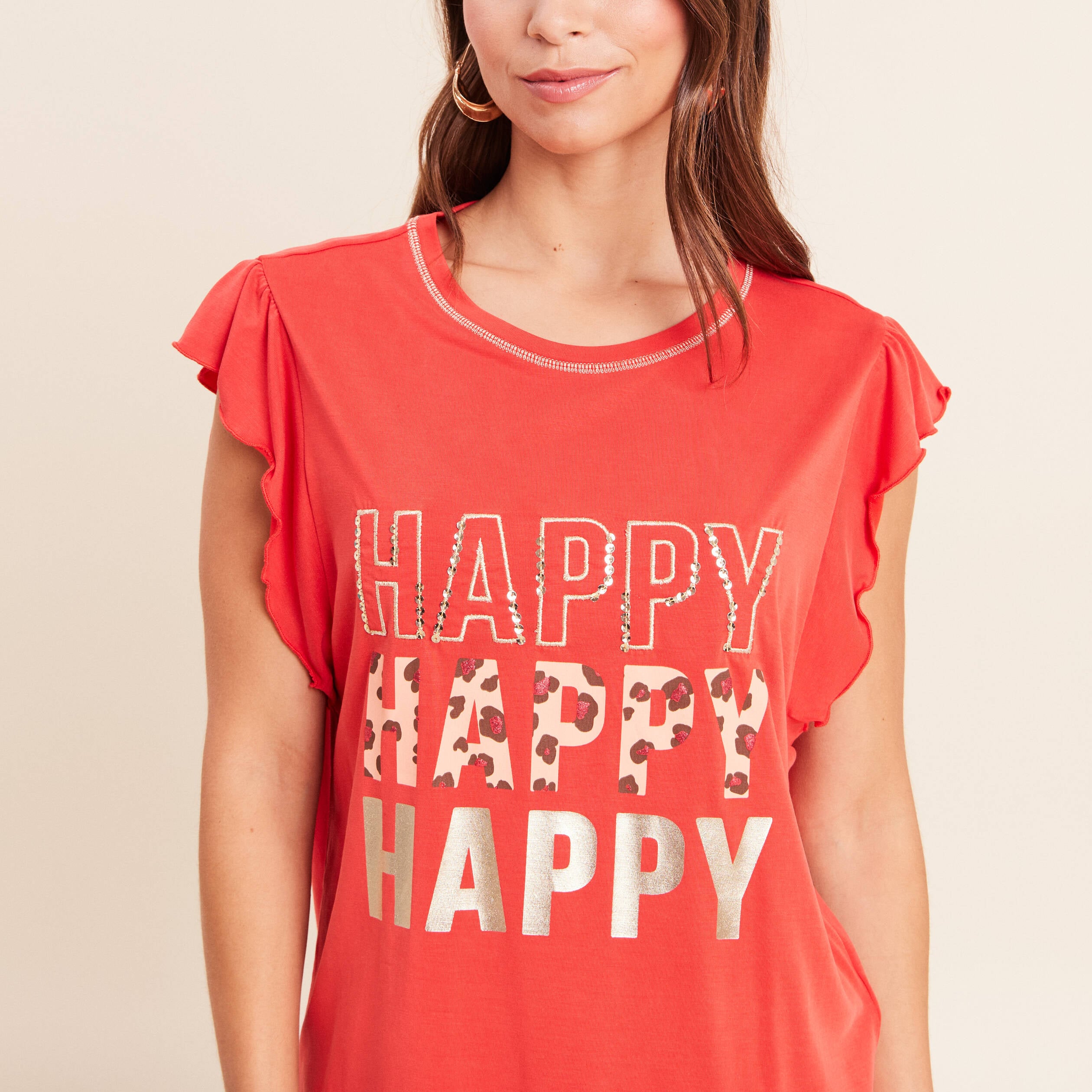 T-shirt manches courtes &agrave; volants orange fonc&eacute; femme