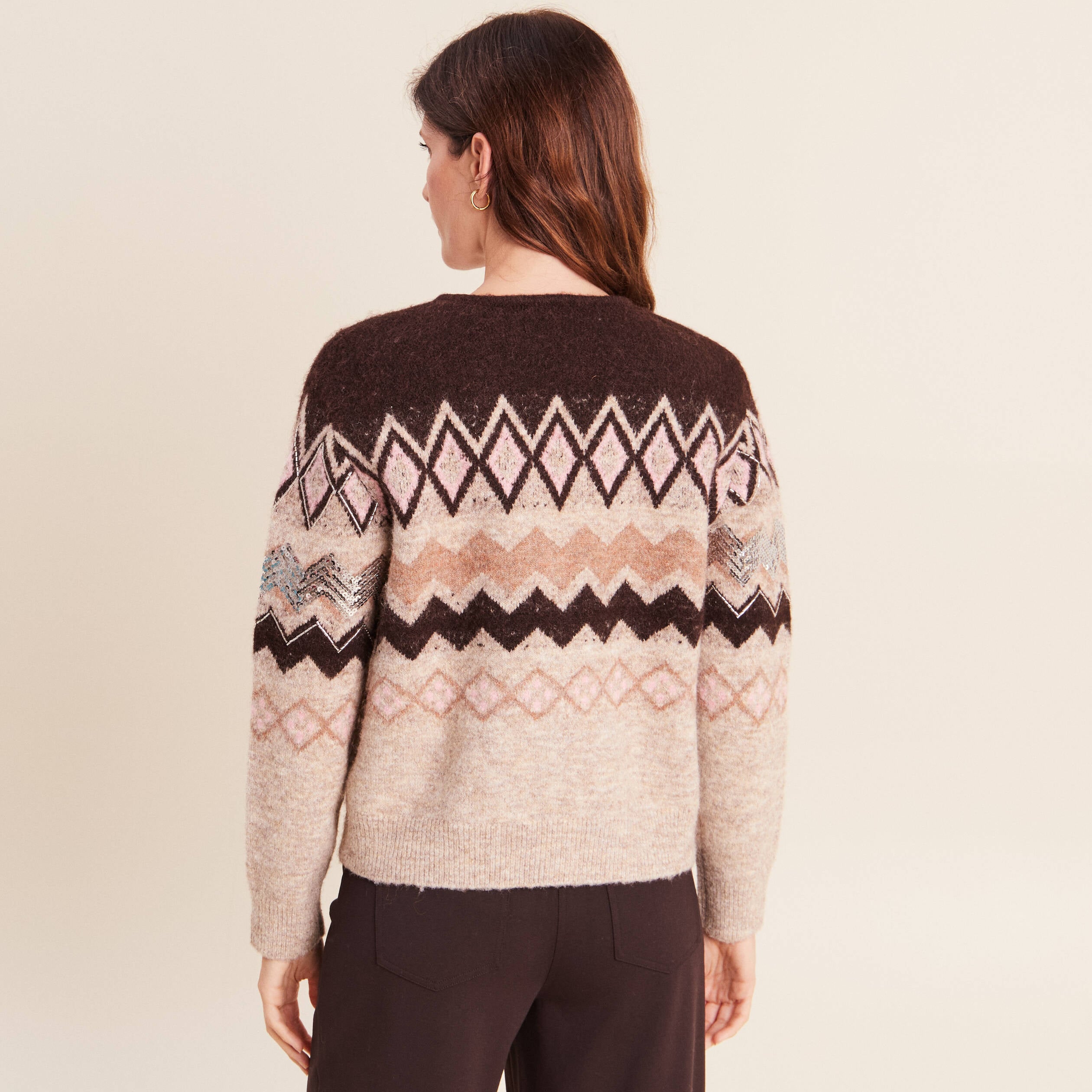 Cardigan jacquard col rond marron femme