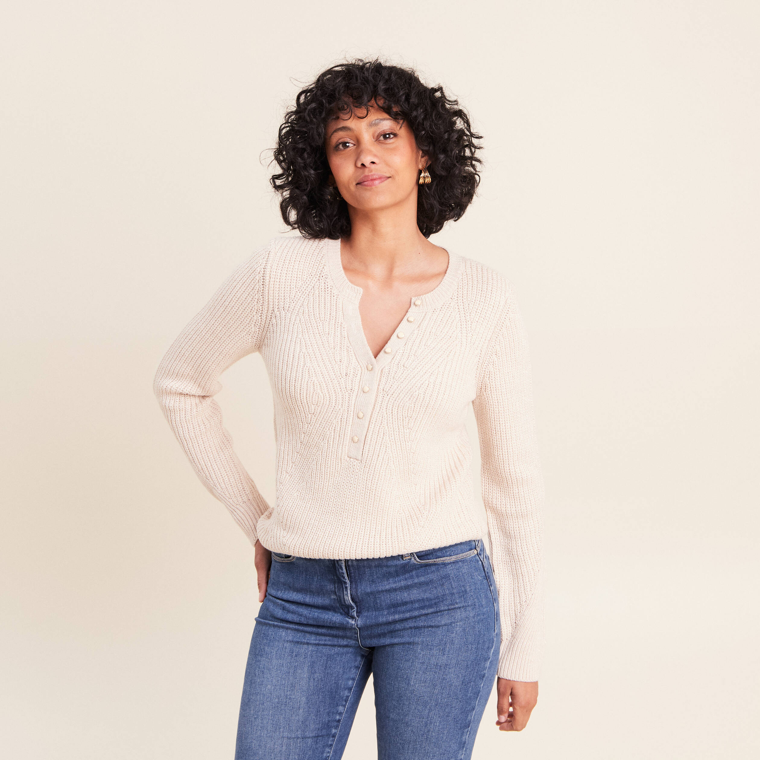 Pull manches longues creme femme