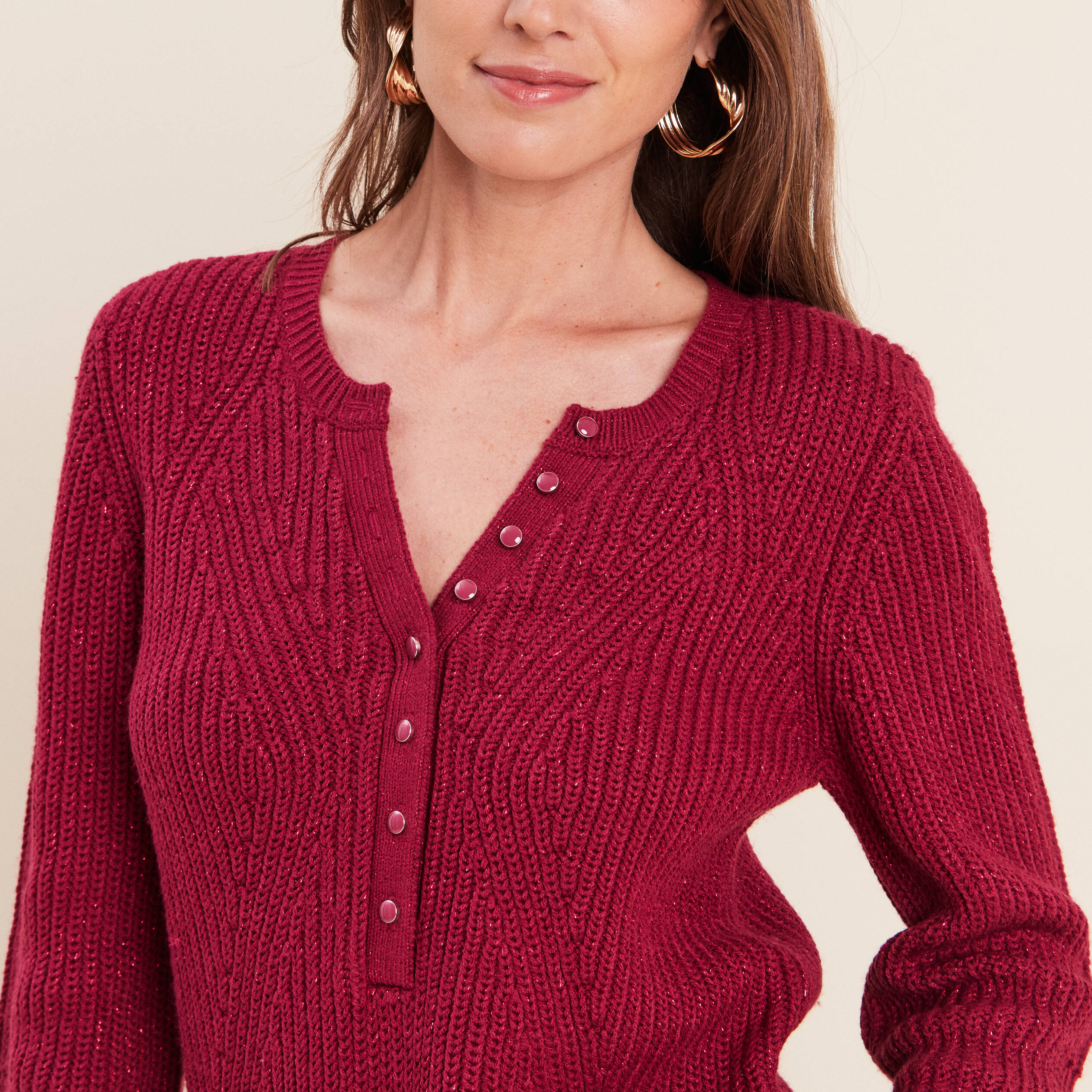 Pull manches longues rouge fonc&eacute; femme